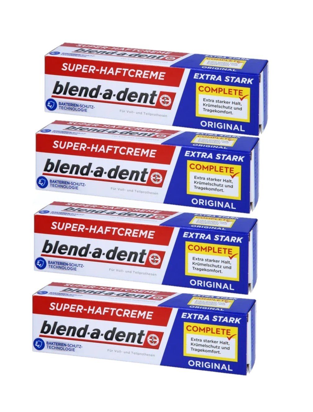 Sibastore Zahnpasta Blend a dent Super Haftcreme Zahnpasta 4x 47ml extra stark und weiß, (für Voll- und Theilprothesen extra starker Halt Krümelschutz und Tragekomfort Zahncreme Creme Zahnpflege Karriesschutz, Zahnsteinschutz, 4-St) Prothesenhaftcremes Zahncreme Zahnpflege Pflege Karriesschutz