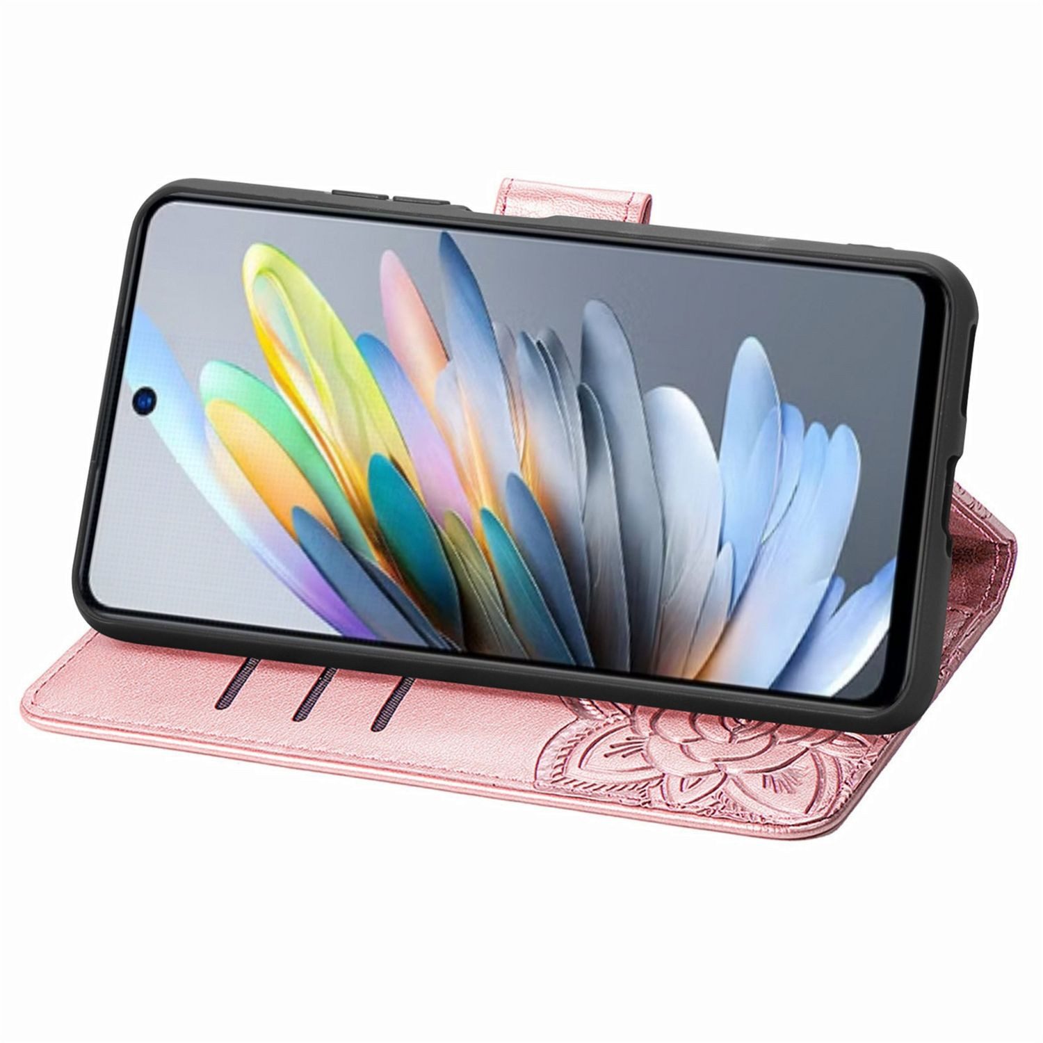 Wigento Smartphone-Hülle Für ZTE Blade A75 4G Kunstleder Schmetterling Wallet Hülle Tasche Rosa, Kunst-Leder Schutzhülle Smart Case Cover magnetischer Verschluss