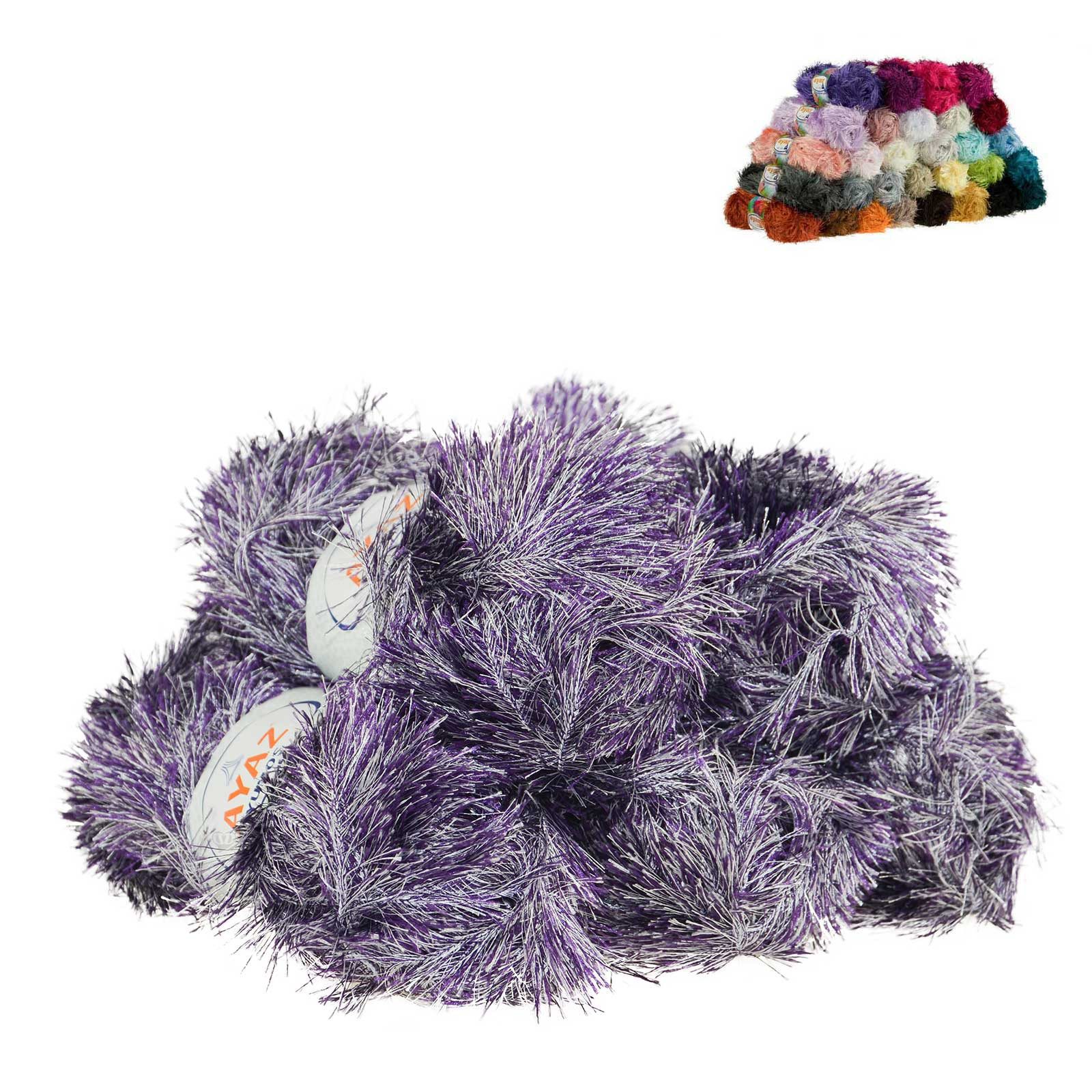 AYAZ Fransen-Strickgarn Yumos 5 Knäuel à 150 m 100 g Strickwolle Häkelwolle, 5 m (Paket, 5-St), 1000-1188 lila weiß