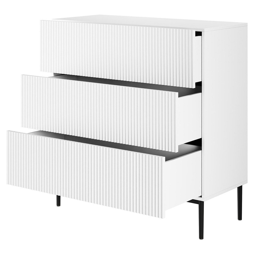 Lomadox Kommode NAVASOTA-141, 100 cm breit, weiß matt mit schwarzen Beinen, 3 Schubladen