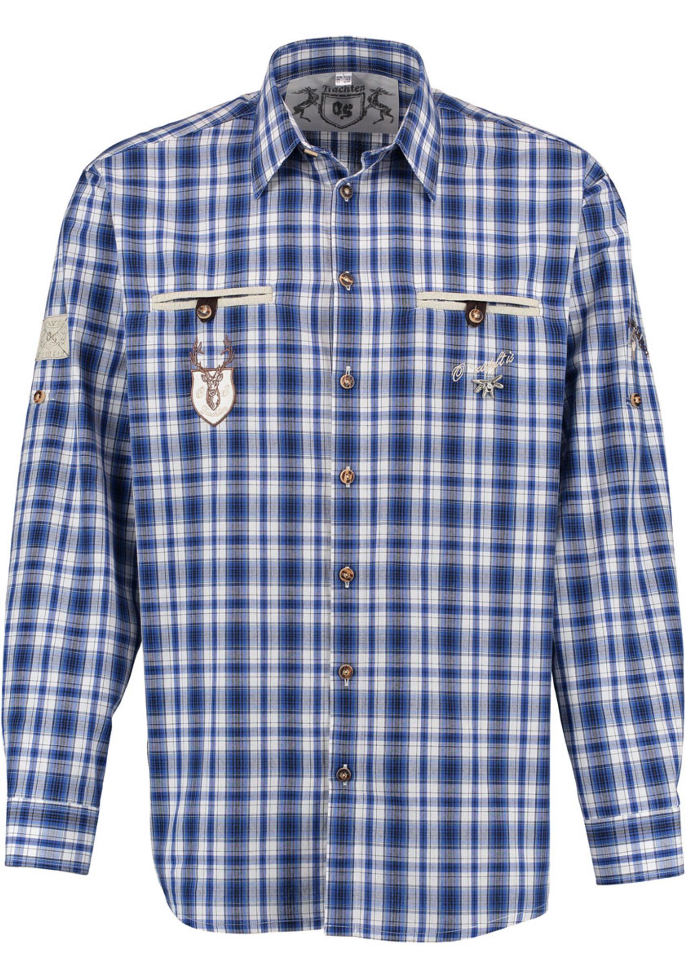 OS-Trachten Trachtenhemd Otazon Langarmhemd mit verschiedenen Stickereien und Zierteilen dunkelblau