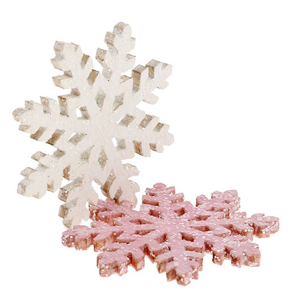Florists Products Schneemann Weihnachtsdeko Holz-Schneeflocken 4cm Pink/Weiß mit Glitter, 72 Stück