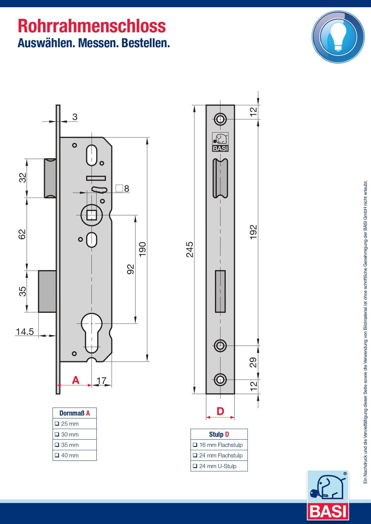 BASI Rohrrahmenschloss Einsteckschloss mit drehbarer Falle, Dornmaß 40 mm, Packung, PZ-Lochung, Dornmaß 25 mm, Stulp 24 mm aus Edelstahl, DIN R/L – Bild 4 von 4