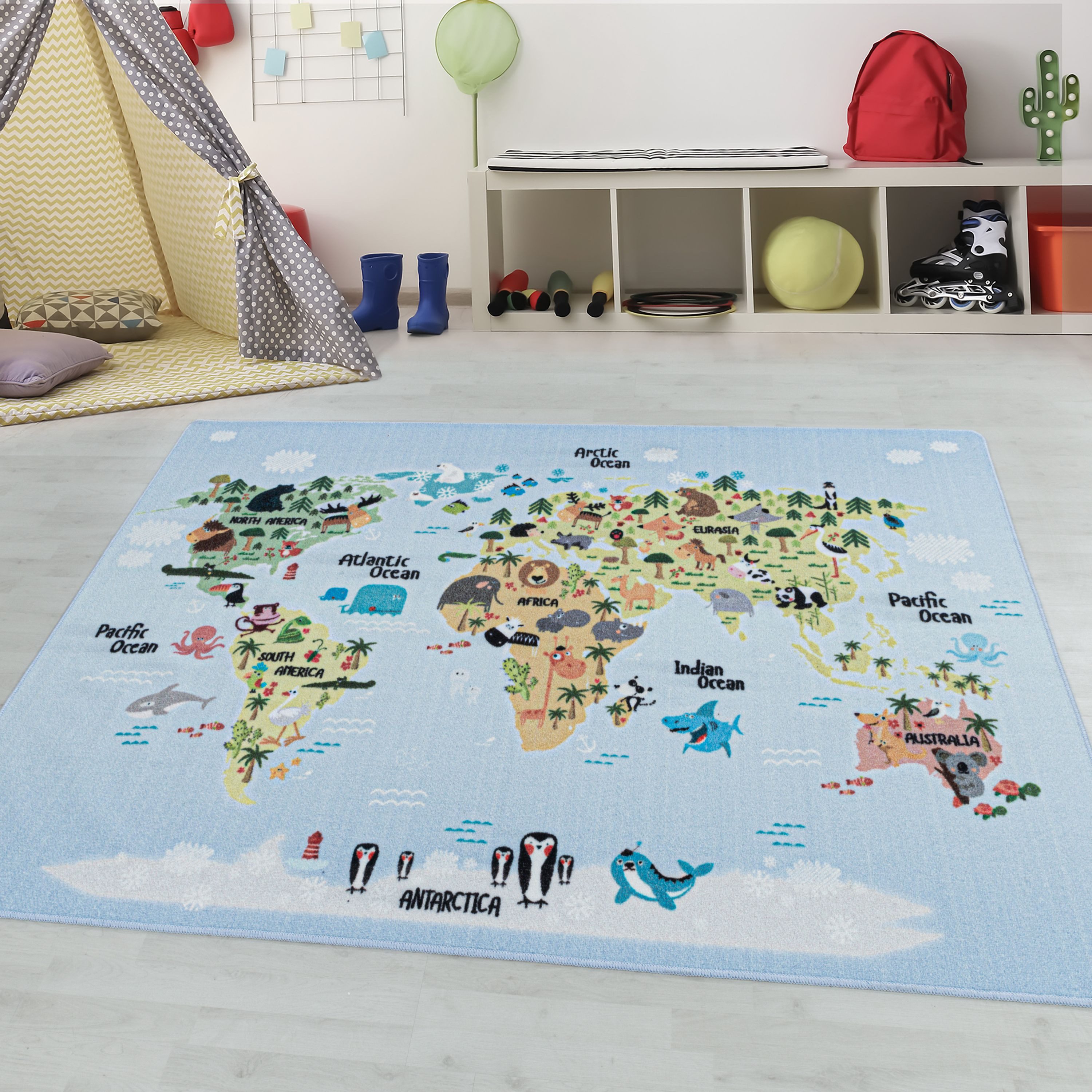 Teppium Teppich Weltkarte mit Tierdesign, Rechteckig, Höhe: 7 mm, Kinderteppich Weltkarte mit Tierdesign Teppich Kinderzimmer Rutschfest