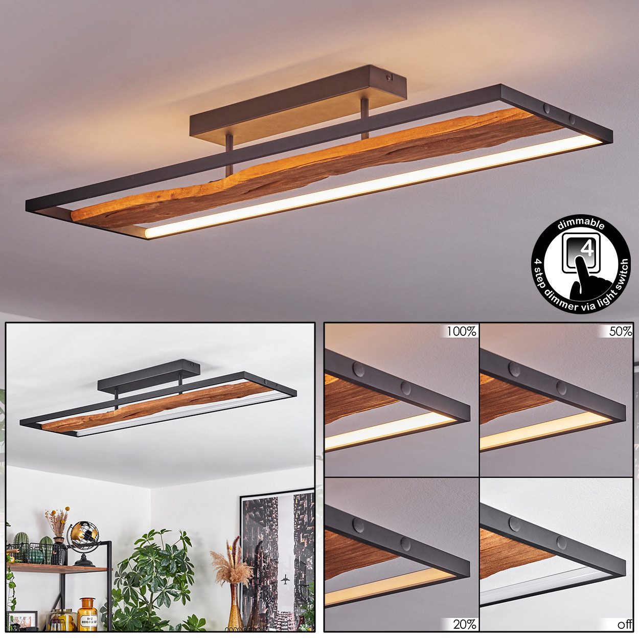hofstein Deckenleuchte dimmbare Deckenlampe aus Metall/Holz/Kunststoff in Schwarz/Natur/Weiß, 3000 Kelvin, 6600 Lumen, LED 48 Watt, dimmbar über Lichtschalter