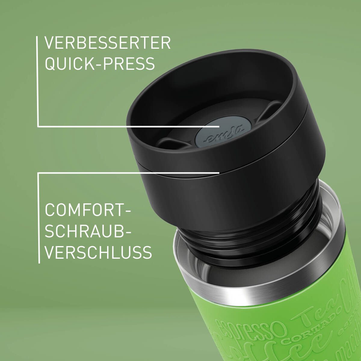 Emsa Thermobecher Travel Mug Classic, mit 360°-Trinköffnung, auslaufsicher, rutschfest, Edelstahl, Kunststoff, Silikon, 4h heiß, 8h kalt - 360 ml / 6h heiß, 12h kalt - 500 ml, 100% dicht