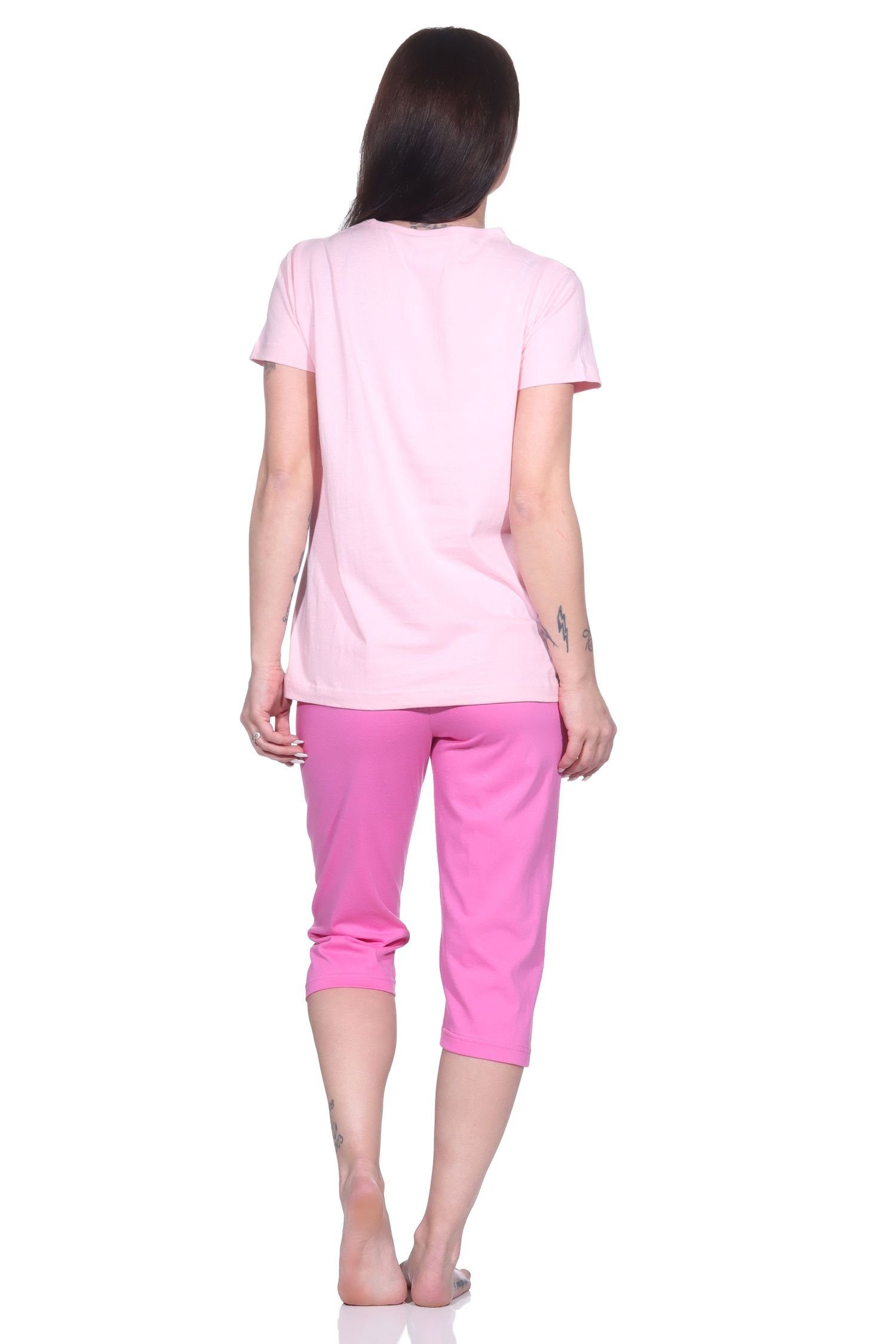Herzchen-Muster Pyjama Capri Damen mit Normann 3/4-Capri-Pyjama Schlafanzug, süßem rosa