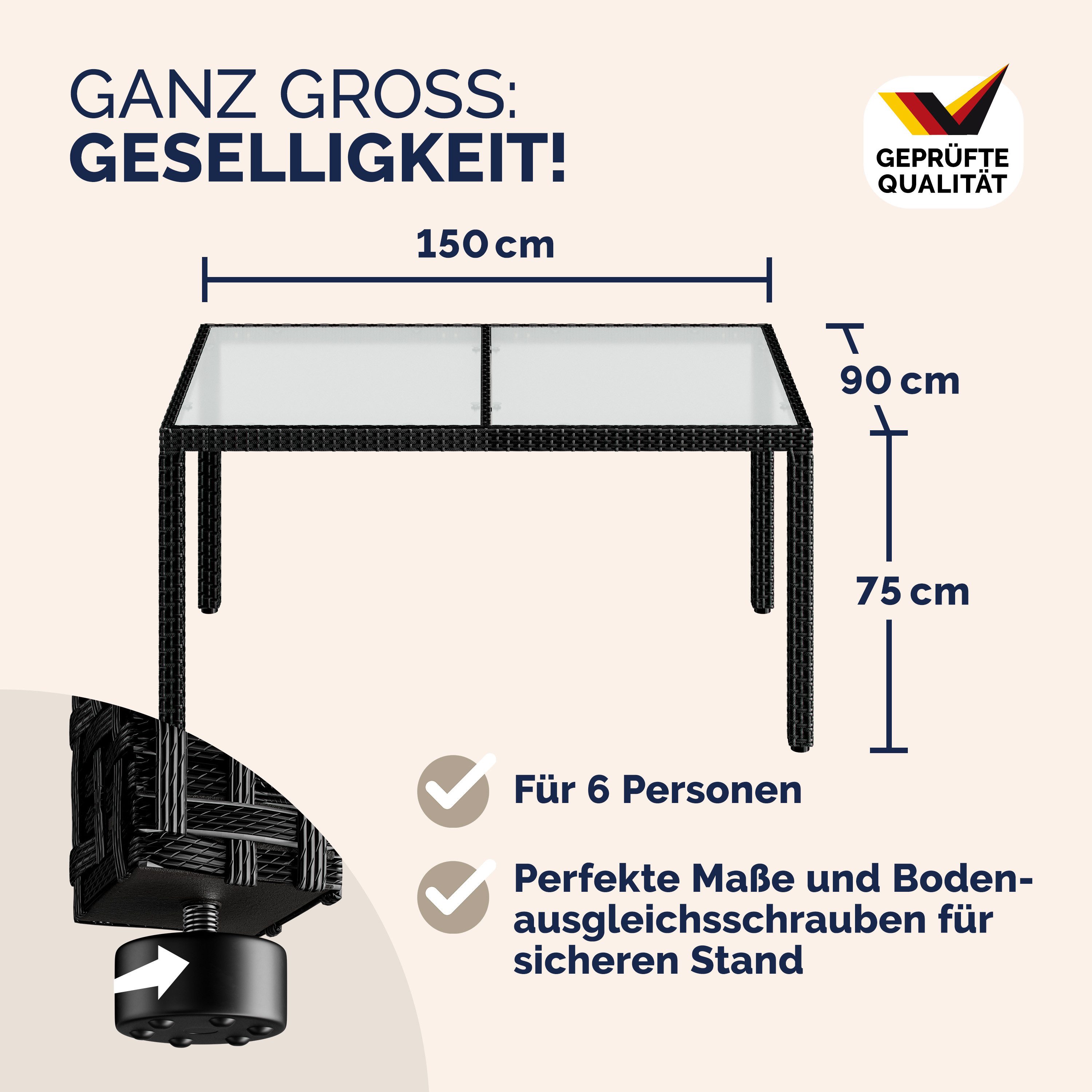 Casaria Gartentisch, Wetterfest 150x90cm Polyrattan Höhenverstellbar 5mm Sicherheitsglas