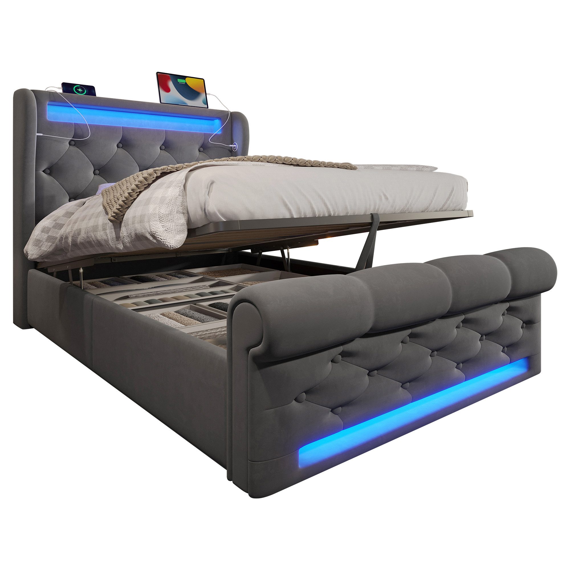 MODFU Polsterbett Hydraulisches Samt-Bett, rautenförmige Knopfknoten (Funkt günstig online kaufen