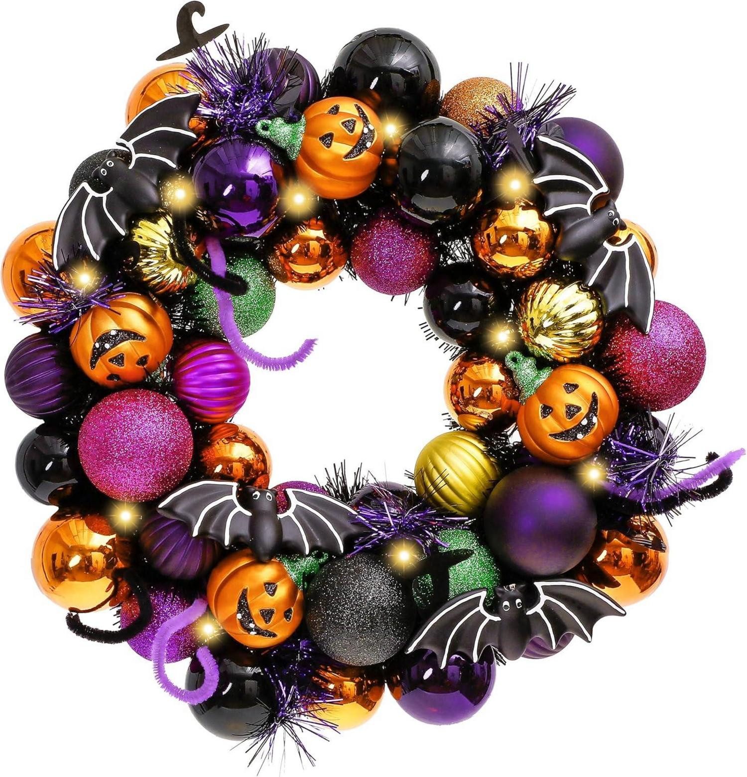 Dekohänger Halloween Deko Kranz Ø 30cm Freche Leckerbissen LED Haustür Wand Party