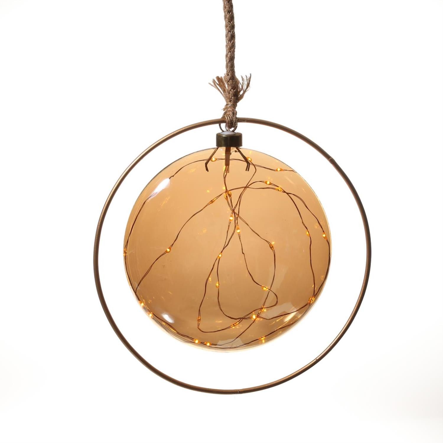 MARELIDA LED Dekolicht LED Glaskugel im Ring Deko Kugel Juteseil beleuchtet Timer D:20cm gold, LED Classic, ultra-warmweiß / bernstein (1800K bis 2100K)