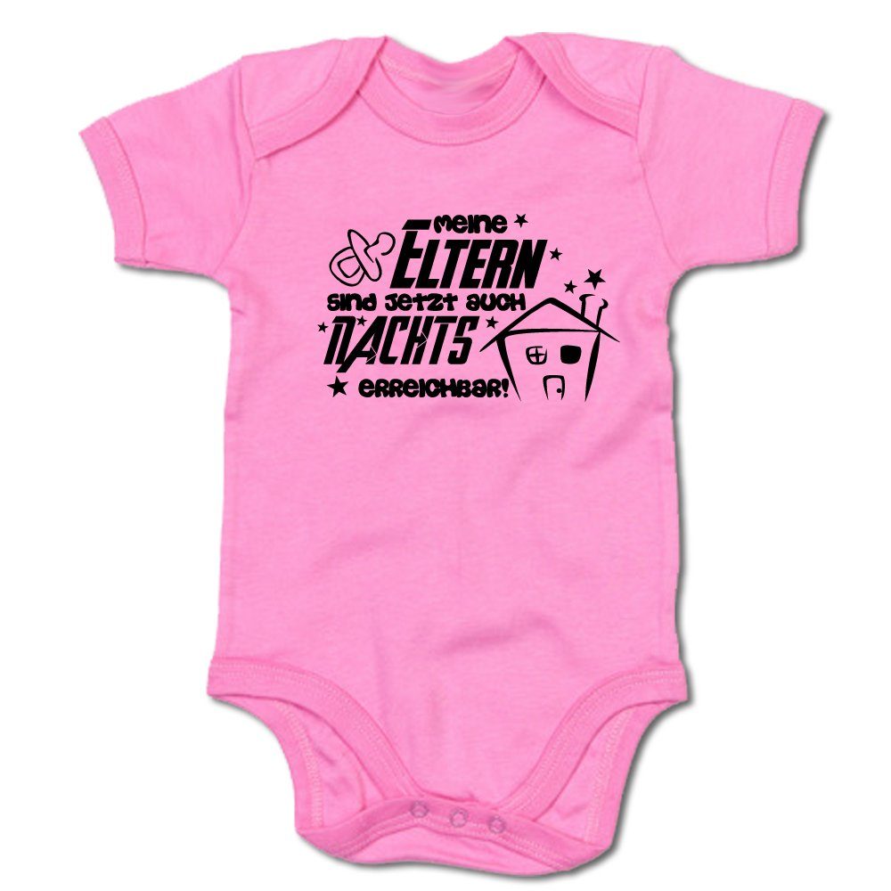 G-graphics Kurzarmbody Meine Eltern sind jetzt auch nachts erreichbar! Baby Body mit Spruch / Motiv / Aufdruck • zur Geburt / Babyparty