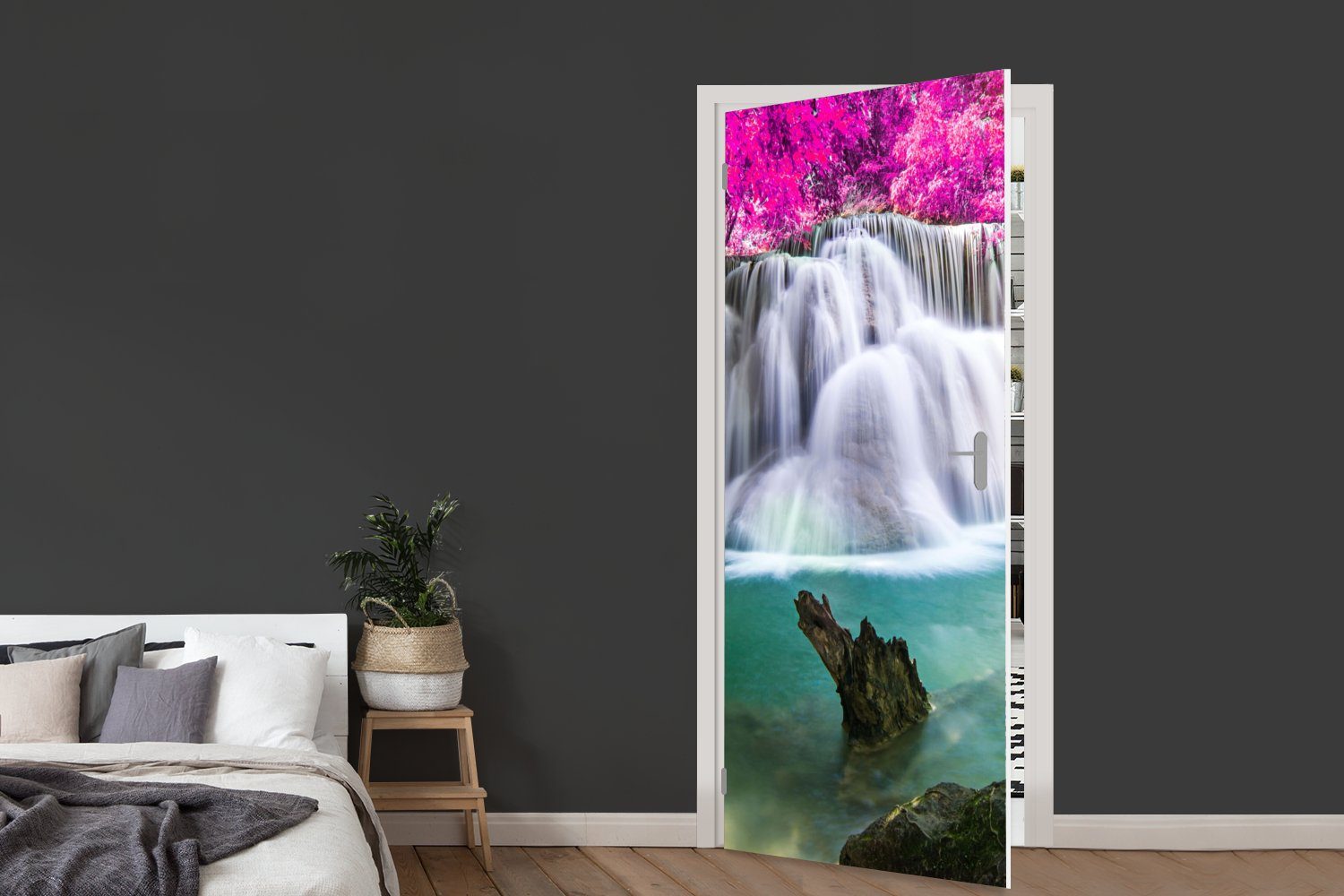 75x205 - cm Türtapete Tür, St), bedruckt, MuchoWow Bäume, Fototapete Rosa - Wasserfall Türaufkleber, für Matt, (1