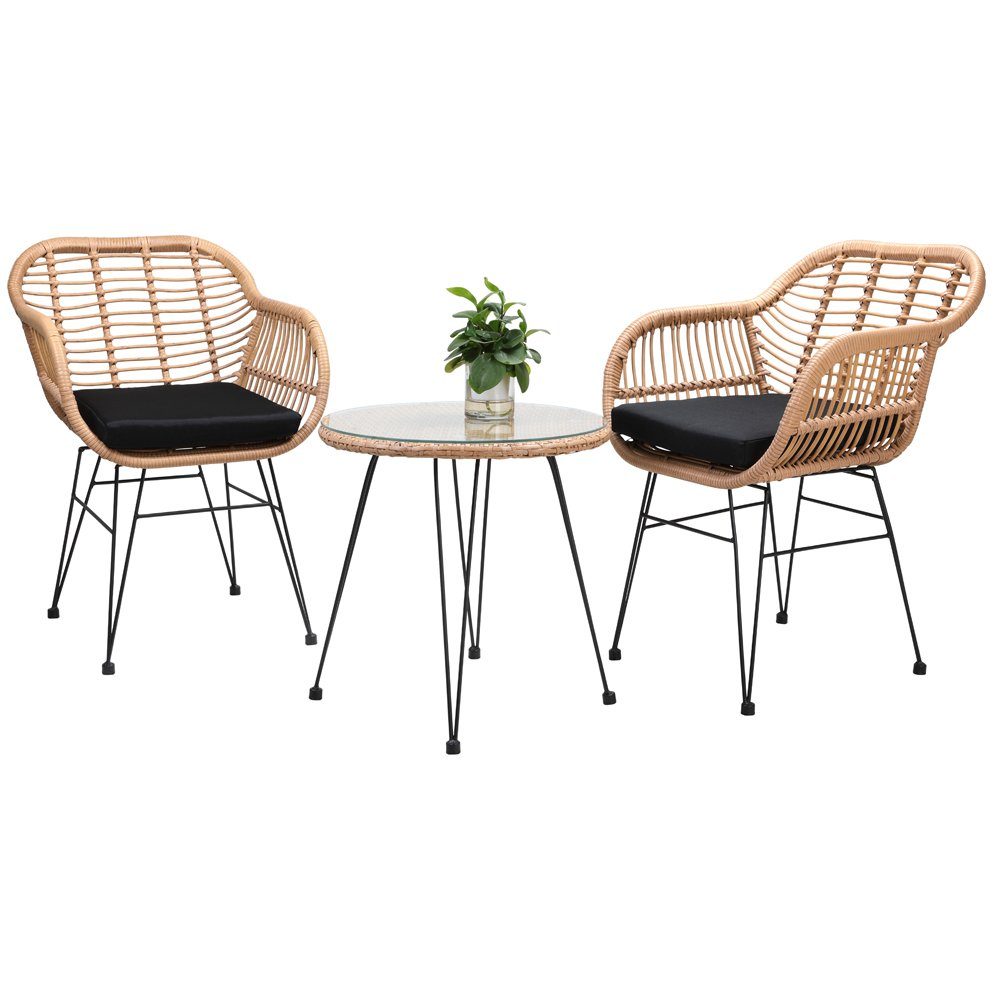 Casaria Balkonset Bali, (3-tlg), Rattan-Optik 5cm Auflagen Wetterfest Sicherheitsglas Höhenverstellbar