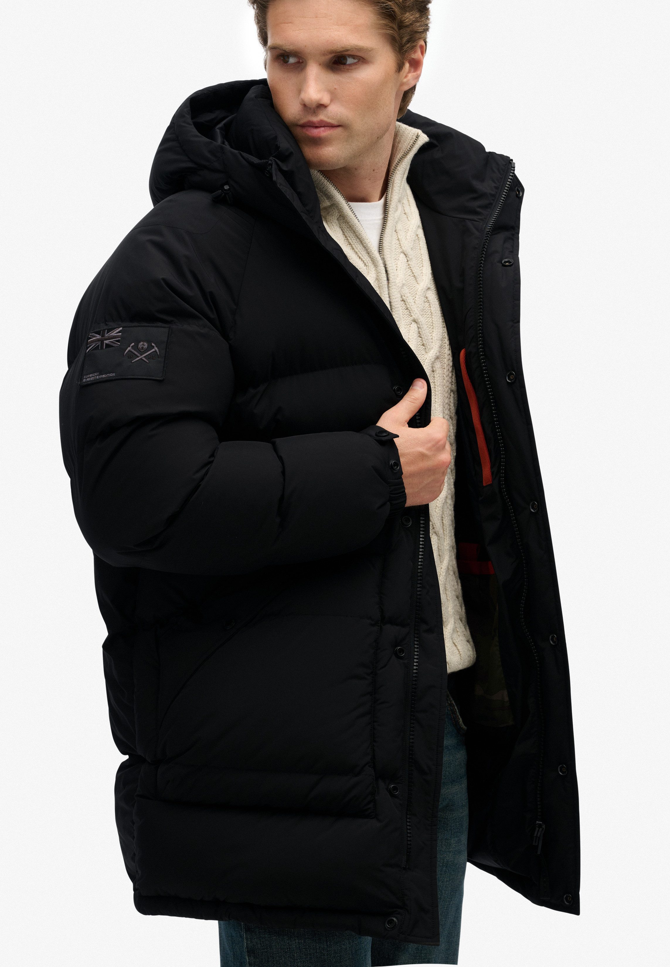 Superdry Steppjacke XPD LONGLINE BAFFLE PARKA mit Markenlabel, aus Polyester, pflegeleicht, Oversize-Passform