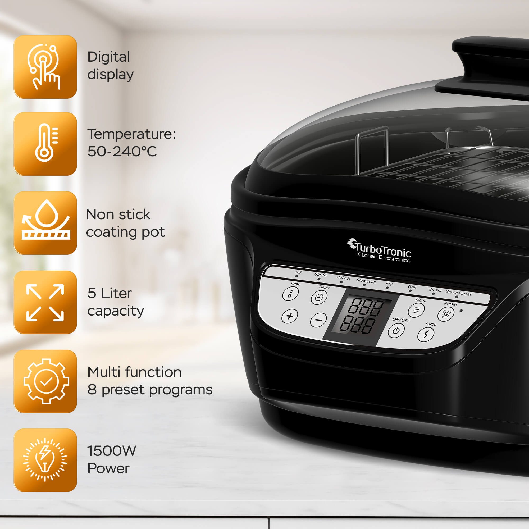 TurboTronic by Z-Line Multikocher mit Fritteuse & Frittierfunktion Reiskocher perfekter Reis 8 Programme, 1500 W, 5 l Schüssel, Schongarer Dampfgarer Slow Cooker Multivarka Schnellkochtopf Multitopf