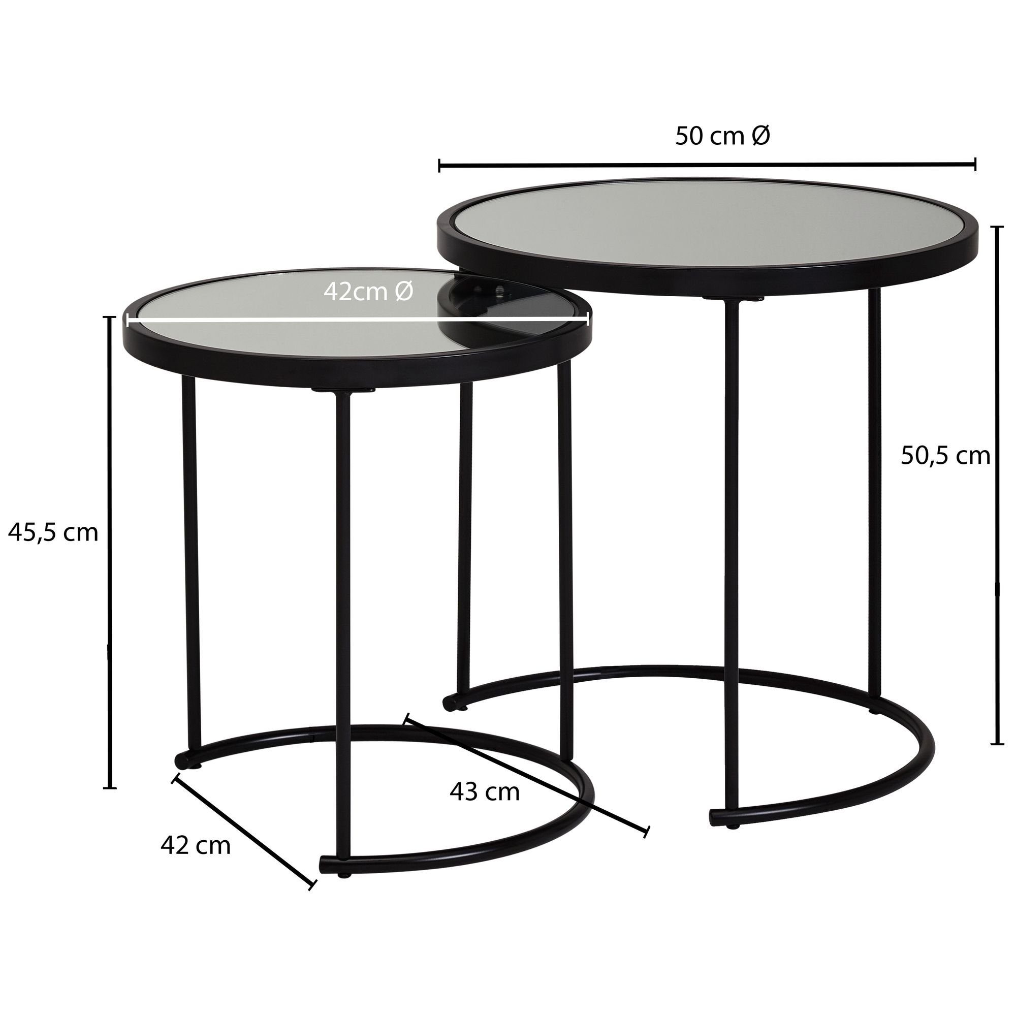 Set, - möbelando teilig, 2 cm Glas, Couchtisch teilig Ø Satztisch - 50/42 cm Design Spiegel verspiegelt, Schwarz Rund 2er 50/42 2 Beistelltisch Rund Wohnzimmertisch Satztisch mit Design Ø Beistelltisch