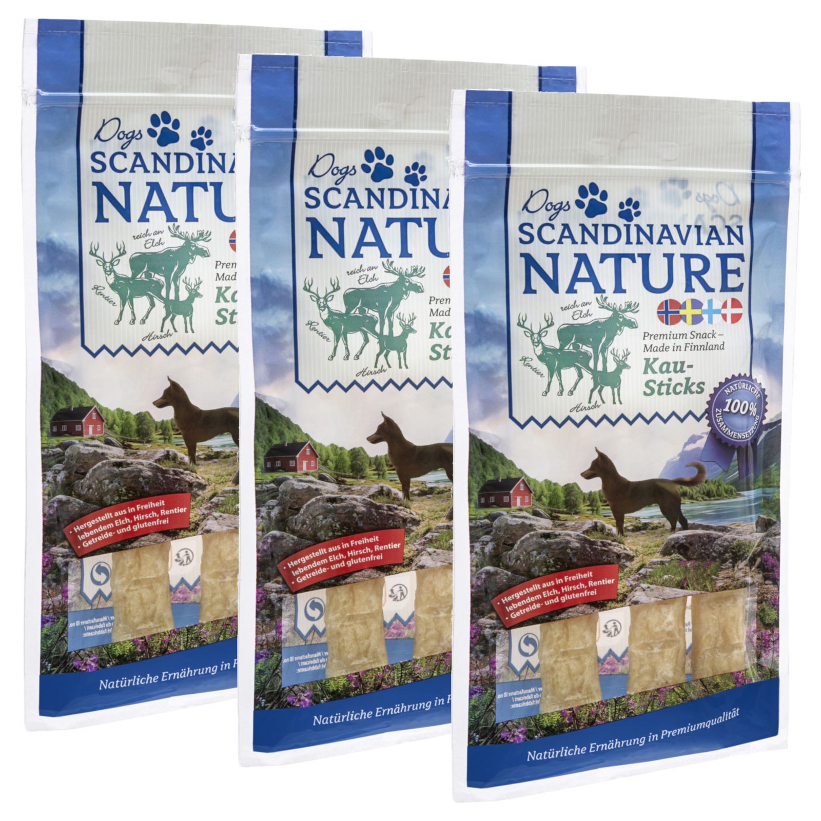 Scandinavian Nature Dogs mit Wild, 3x 45 g, Kausticks für Hunde, 135g