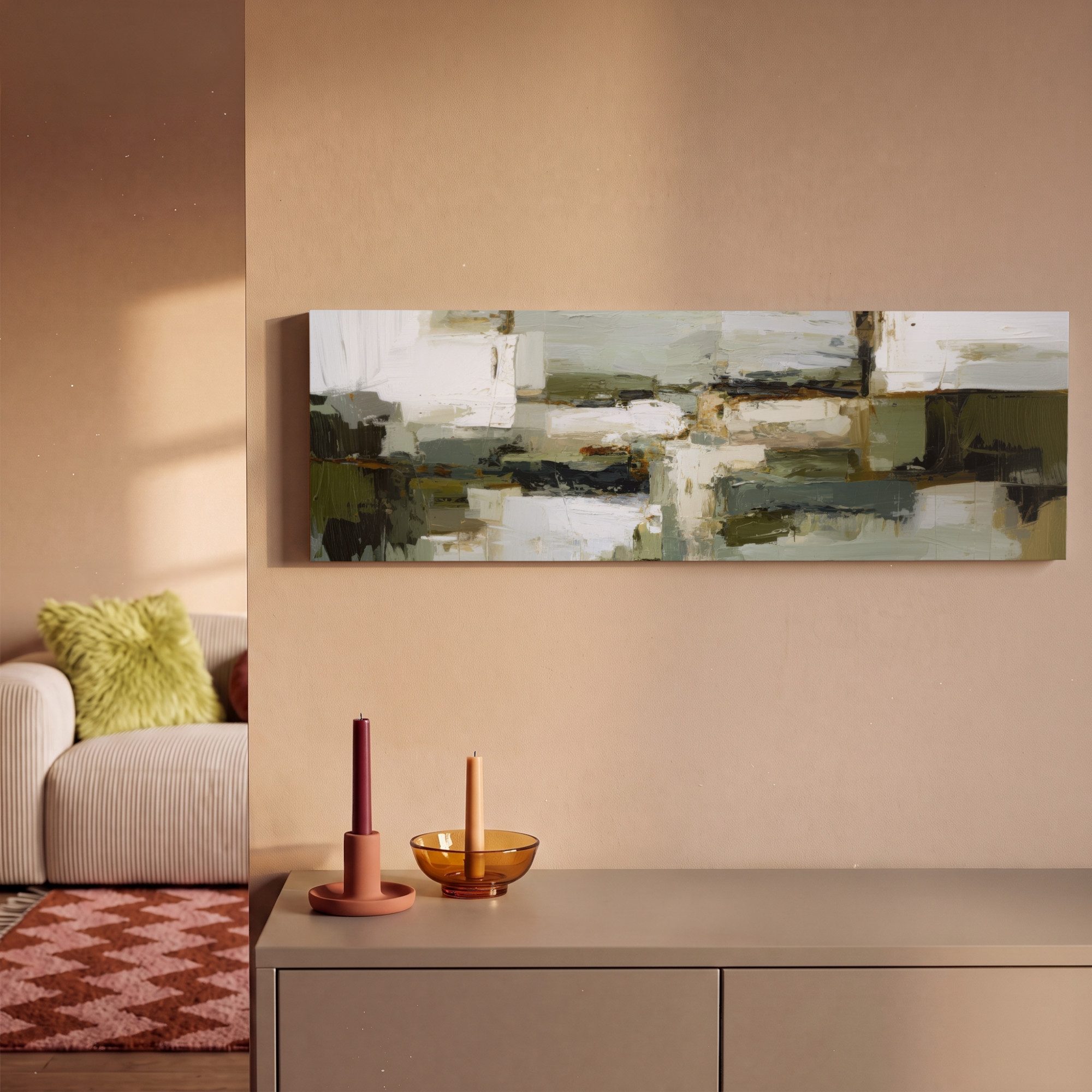 OneMillionCanvasses® Leinwandbild Panorama Pinselstriche - Grün - Abstrakt - Japandi, Fotodruck (1 St), Wandbild, Deko Schlafzimmer Wohnzimmer Flur 60x20 cm – Bild 2 von 5