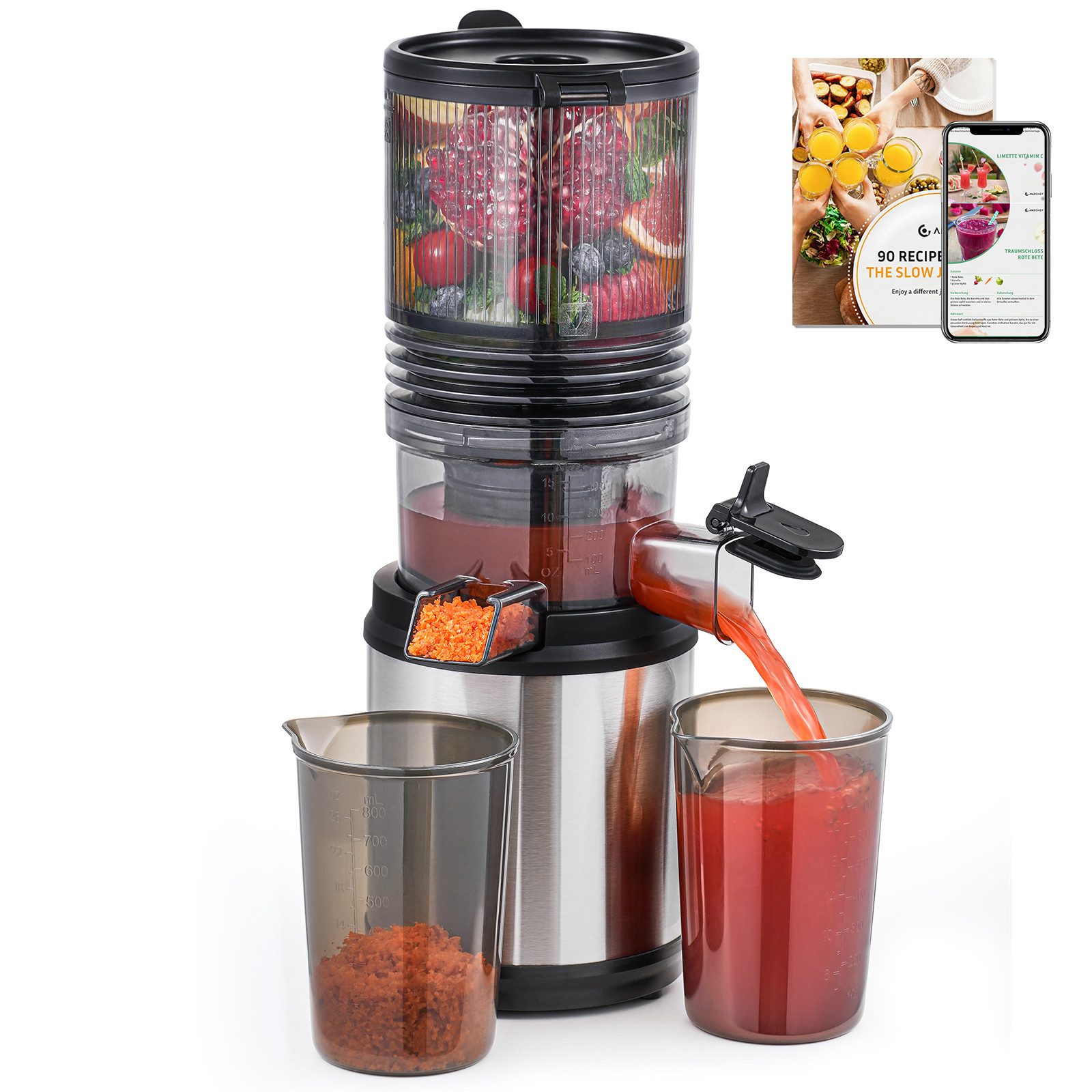 AMZCHEF Zentrifugenentsafter JE-7OT8, 250 W, 150mm Extra-Breitem Einfüllschacht, 2L Соковижималки für Gemüse und Obst
