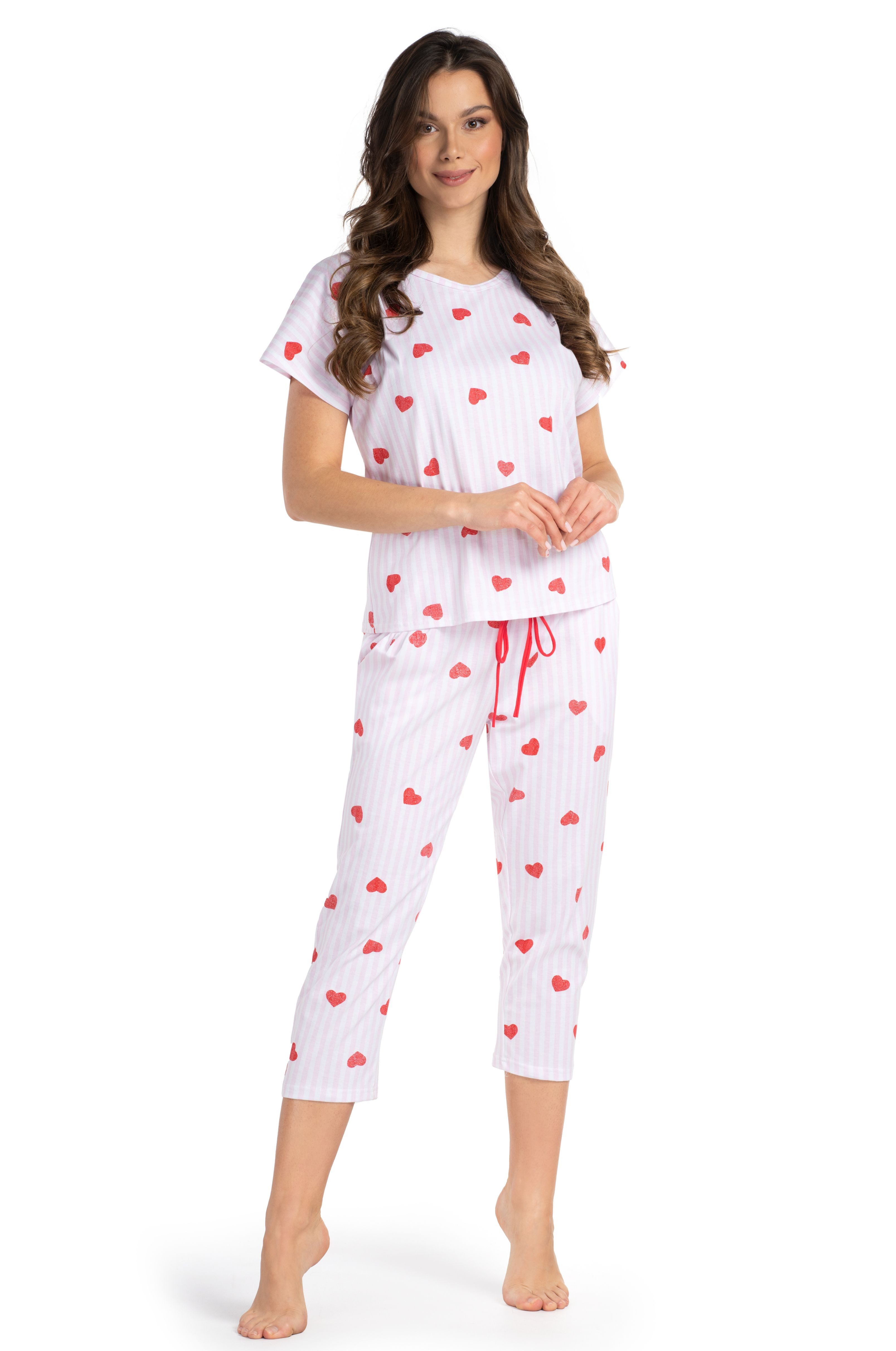 Mademoiselle Sommeil Capri-Pyjama Schlafanzug mit Herzmuster auf Rosé-Weiß günstig online kaufen