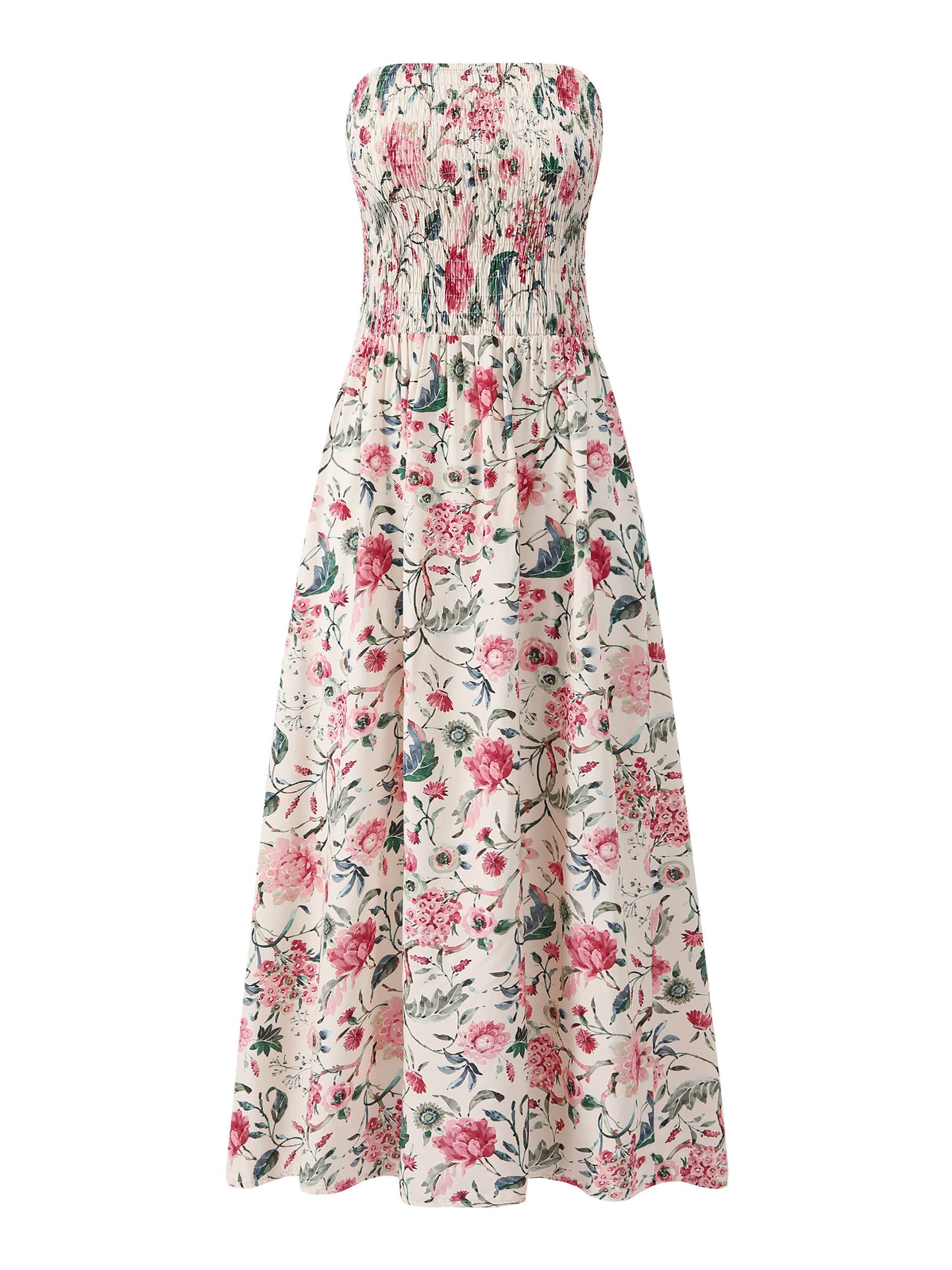 SASSYCLASSY Bandeaukleid Gesmoktes Bandeau-Kleid mit Print Damen trägerloses Midikleid mit gerafftem Bustier jeansblau