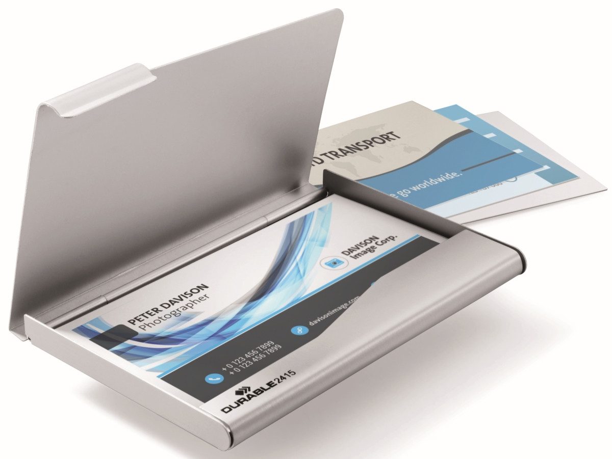 DURABLE Visitenkartenhülle Visitenkarten-Box für 20 Karten metallic silber