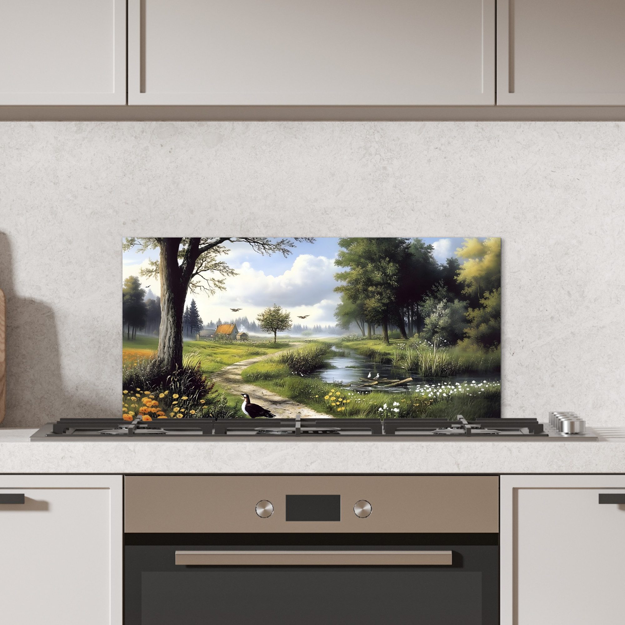 KitchenYeah Küchenrückwand Sandiger Weg - Grüne Landschaft - Wasser, (1-tlg), Spritzschutz Küchenrückwand, Wandschutz, 60x30 cm