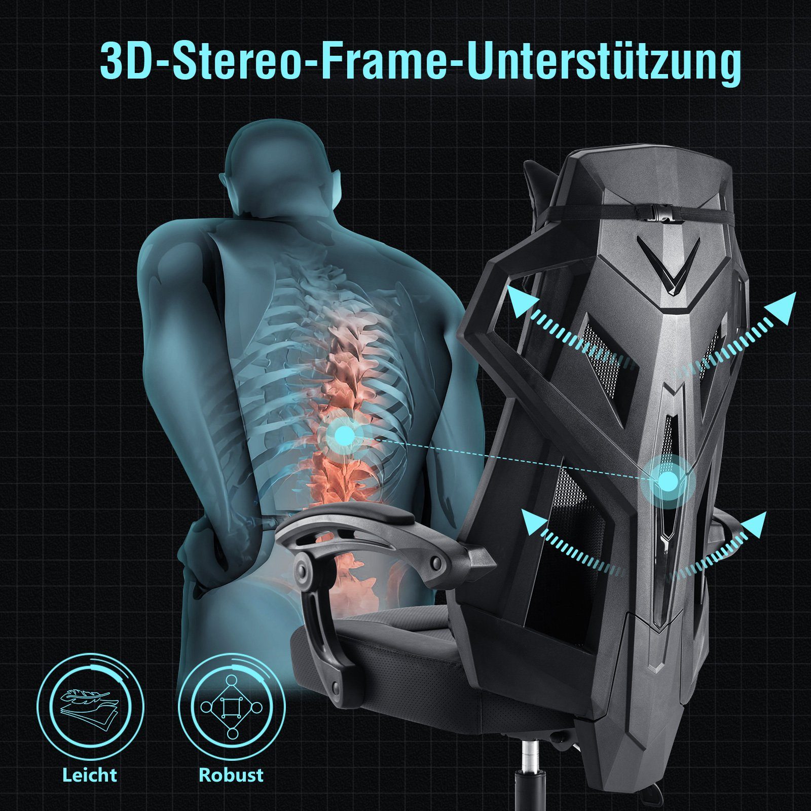 GTPLAYER Bürostuhl Ergonomischer Schreibtischstuhl Gamingstuhl Drehstuhl, mit Verbindungsarmlehnen, Verstellbarer Lordosenstütze und Kopfstütze – Bild 2 von 5