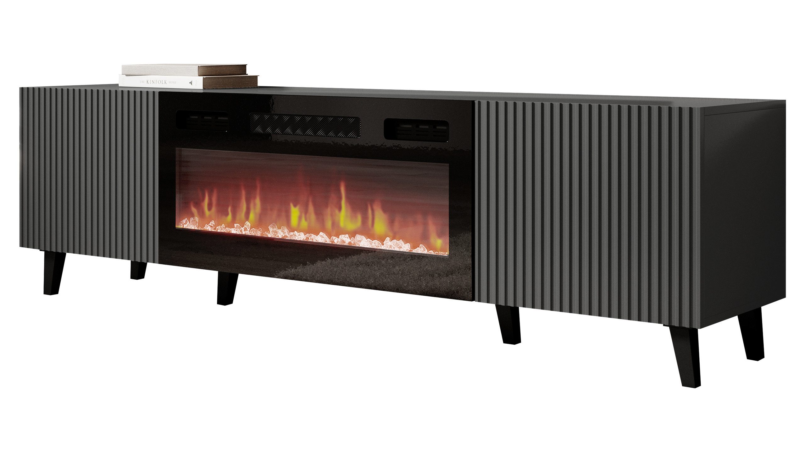 MIRJAN24 TV-Schrank Vamos Grey 180 mit Kamin (mit 2 Türen) Fronten gefräst, Realistische LED-Flamme