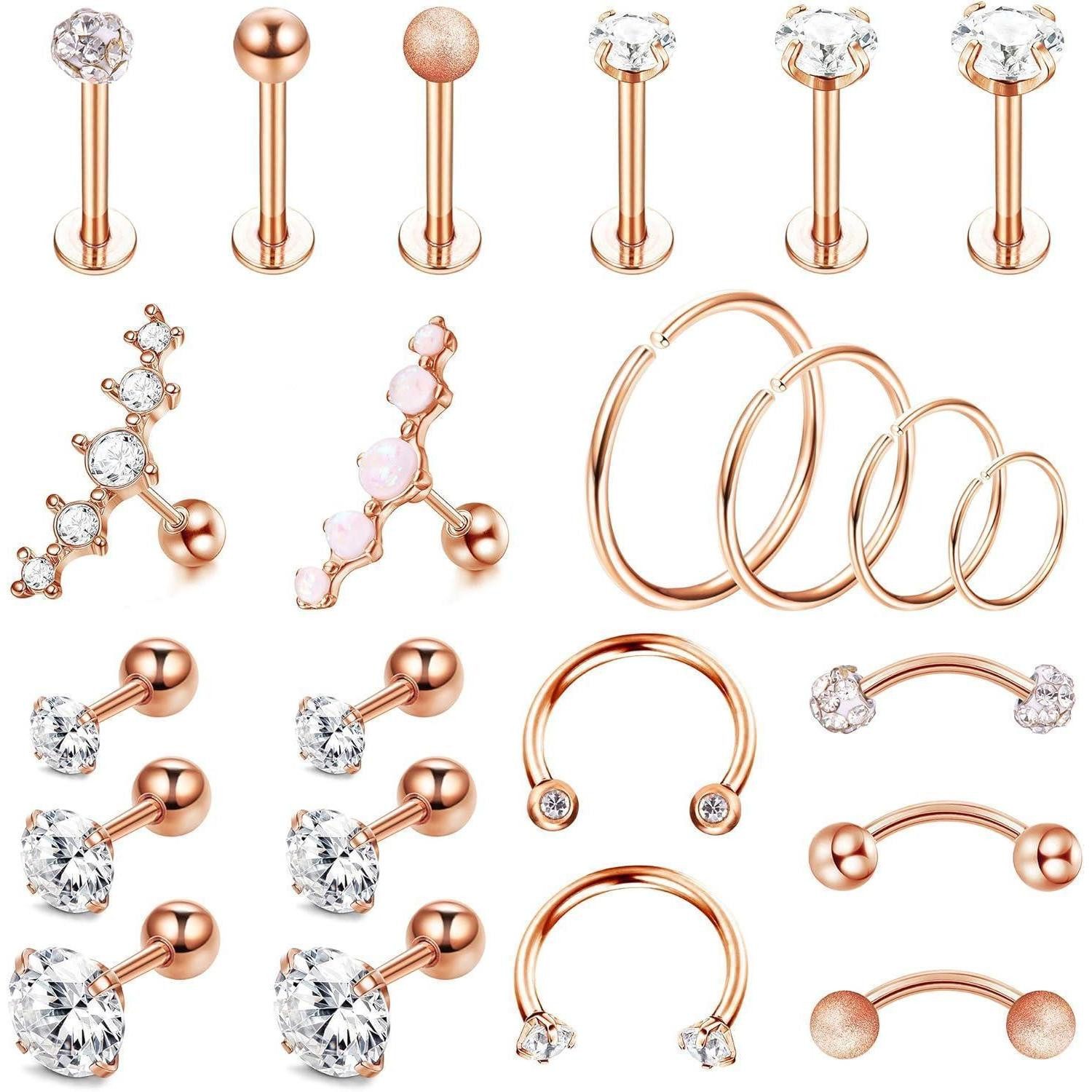 Kakonia Piercing-Set Kakonia 23 Stück 16G Silber Rosegold Piercing Ohrschmuck Set