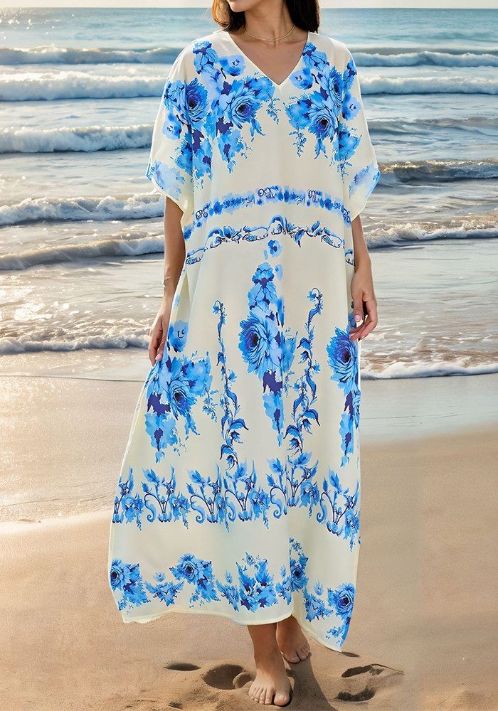 Lovolotti Sommerkleid Strandkleid mit V-Ausschnitt aus Viskose – Luftiges Midikleid mit Blumenmuster, locker fallend, für Urlaub und Freizeit