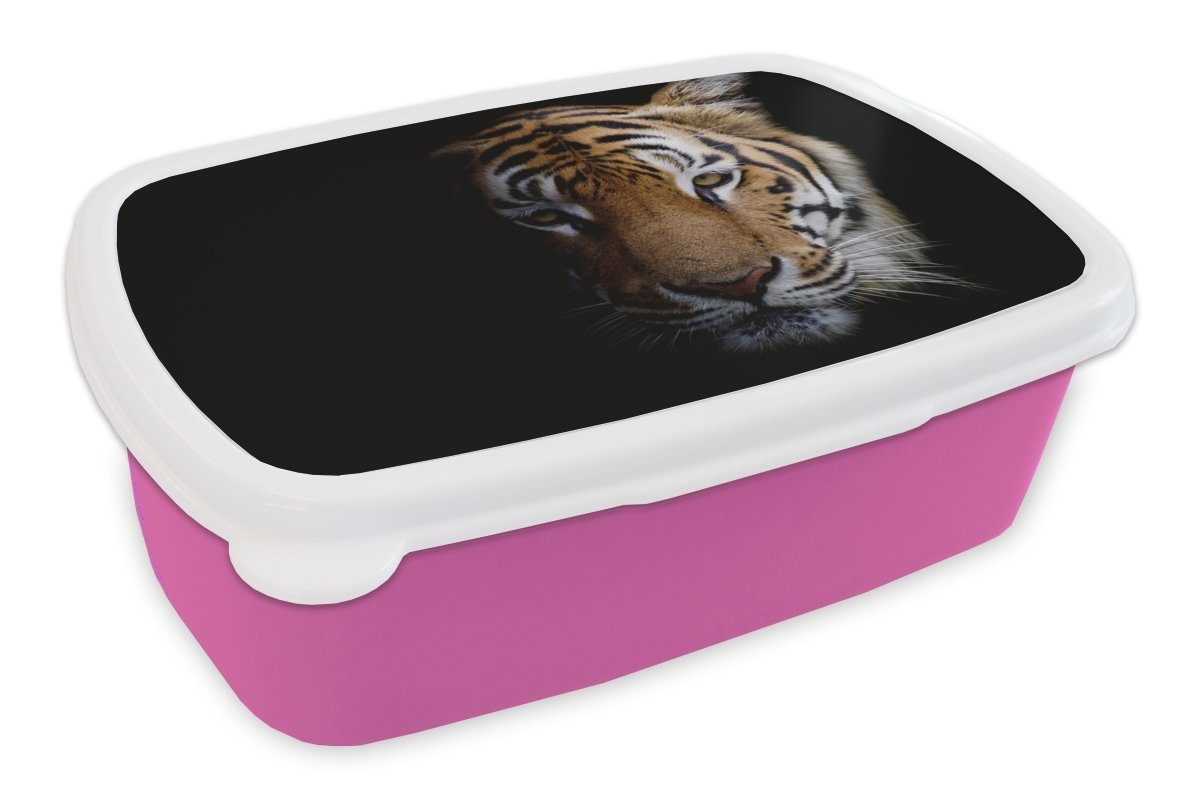 MuchoWow Lunchbox Tiere - Tiger - Kopf, Kunststoff, (2-tlg), Brotbox für Erwachsene, Brotdose Kinder, Snackbox, Mädchen, Kunststoff rosa