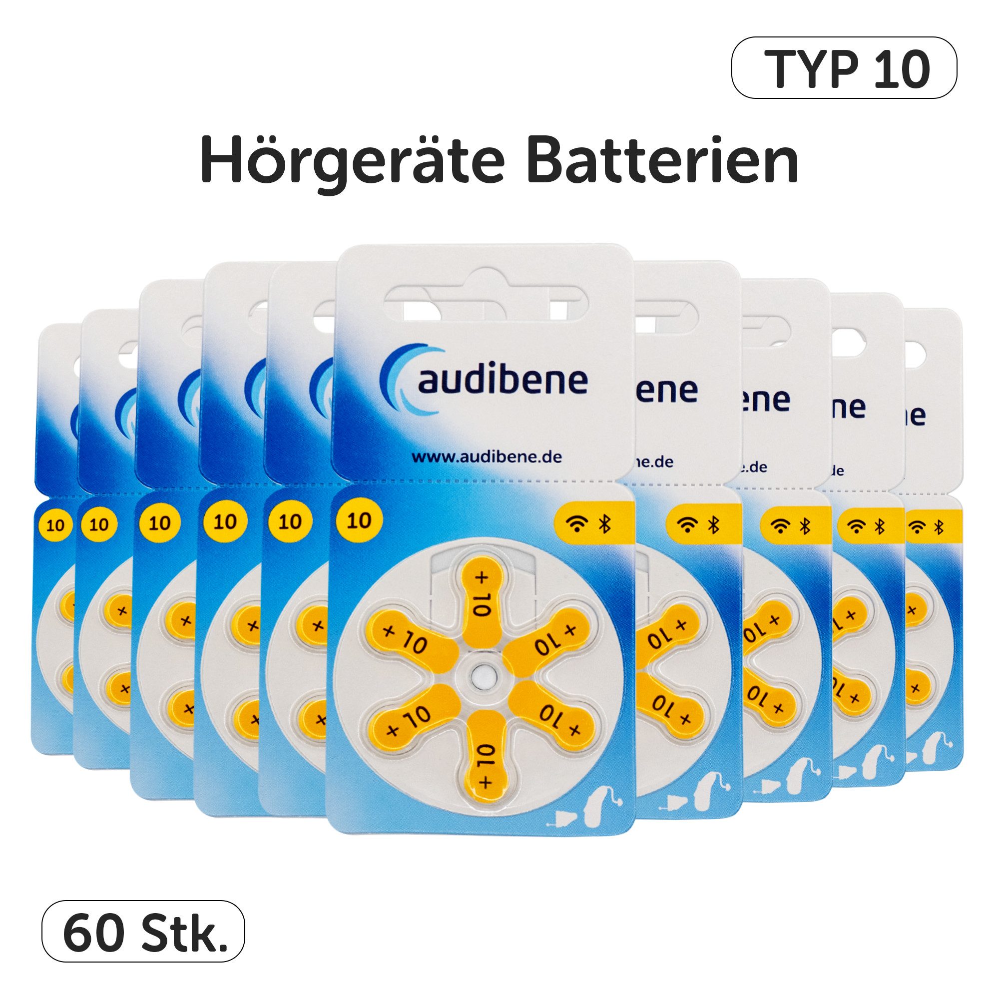 audibene Audibene Hörgeräte Batterien Typ 10 - 60x + GRATIS Reinigungstuch Batterie, (60 St), 1,4V / 1,45V bis zu 10 Jahre lagerfähig ohne Leistungsverlust.