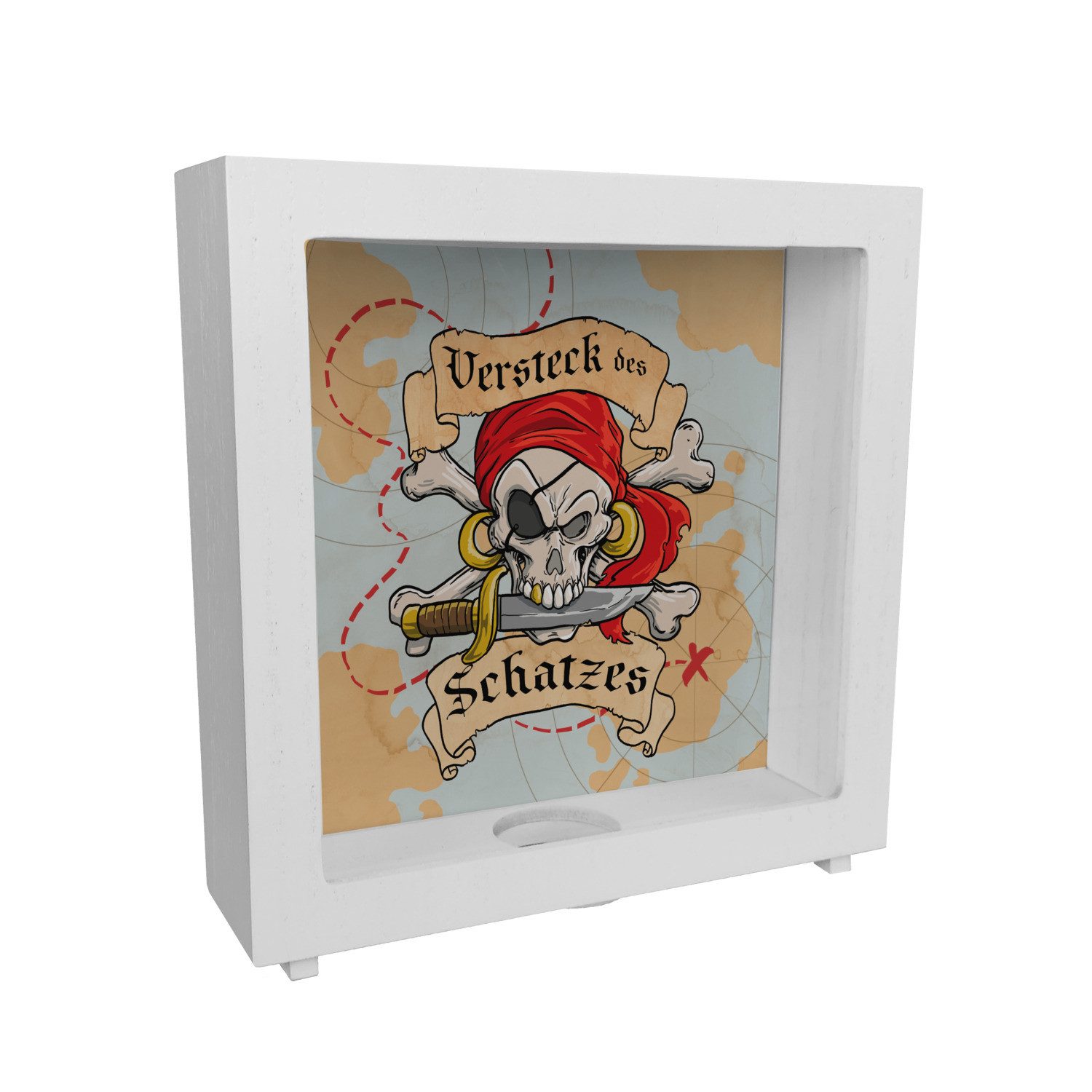 Spardose Rahmen Spardose aus Holz für Kinder mit Schatzkarte und Totenkopf des
