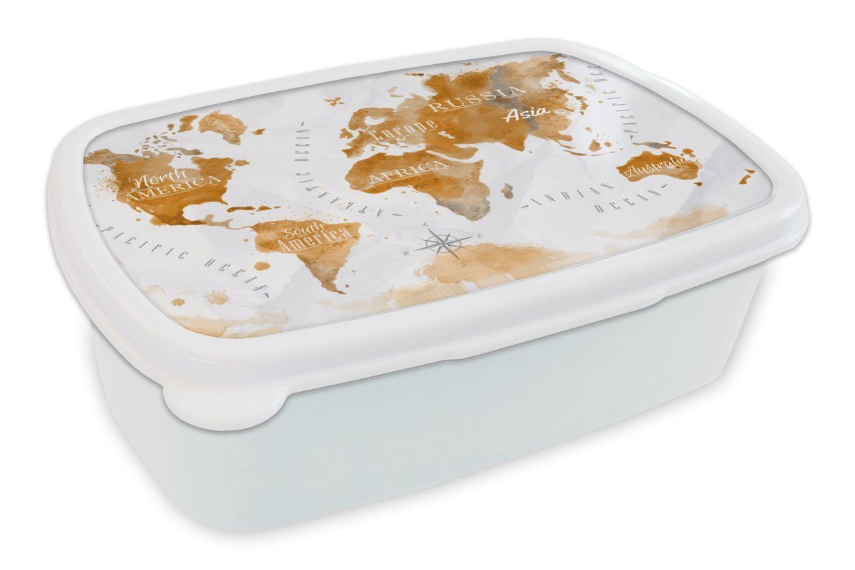 MuchoWow Lunchbox Karte - Gold - Welt, Kunststoff, (2-tlg), Brotbox für Kinder und Erwachsene, Brotdose, für Jungs und Mädchen weiß