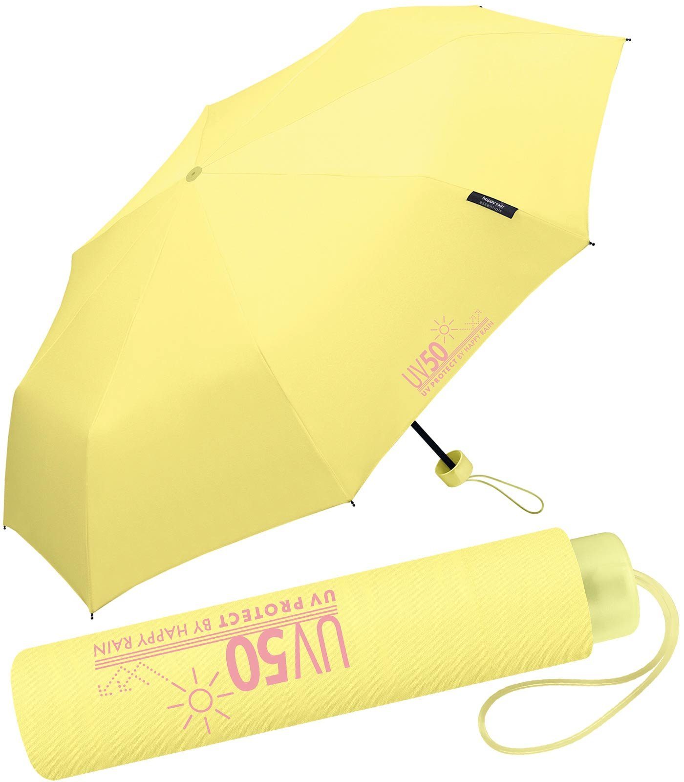 HAPPY RAIN Taschenregenschirm UV-Protect UV50 Super-Mini-Schirm mit Sonnenschutz, schützt vor Sonne und Regen gelb