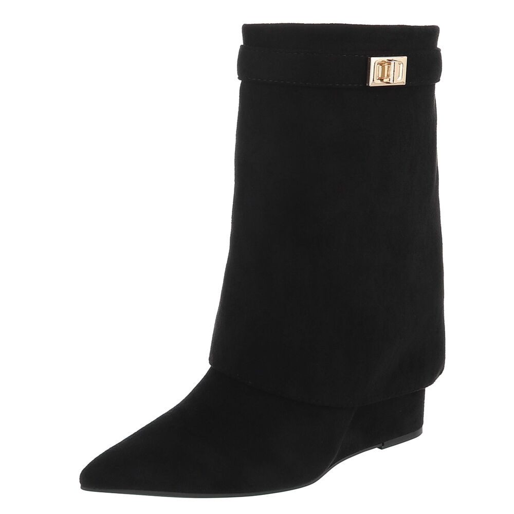 Ital-Design Damen Stiefel mit Umschlag und Schnalle, elegant Keilstiefelette (92269053) Keilabsatz/Wedge Stiefeletten in Schwarz