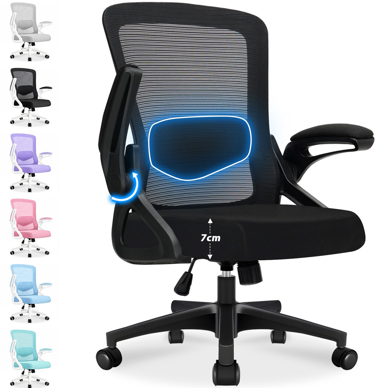 Hoolamyie Bürostuhl Schreibtischstuhl mit Lendenstütze,Bürostuhl mit klappbaren Armlehnen (Homeoffice Stuhl,Bürostuhl ergonomisch,Ergonomischer Drehstuhl mit gepolsterten Klapparmlehnen, leisen Rollen & Höhenverstellung), Atmungsaktiver Mesh-Rücken, Lendenstütze, Wippfunktion, platzsparend