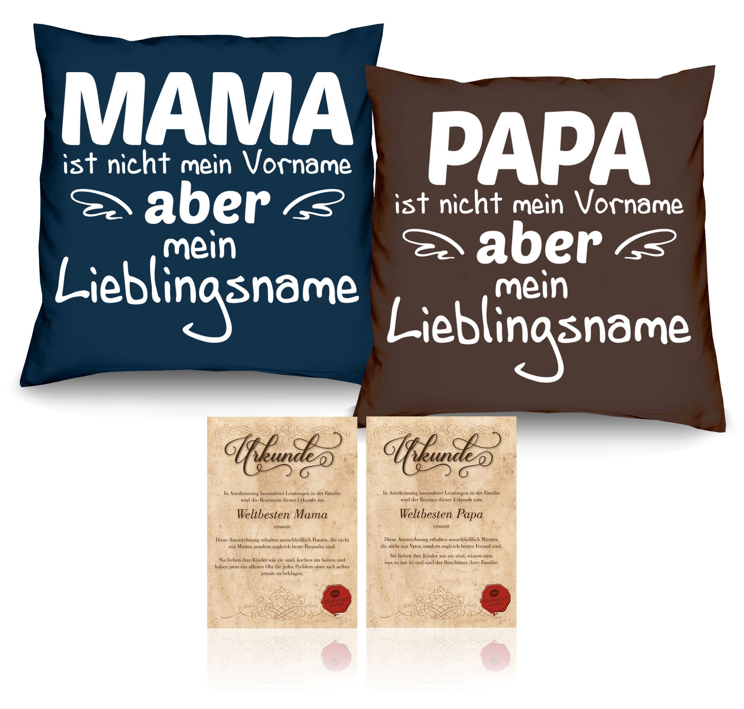 Soreso® Dekokissen Kissen-Set Mama Lieblingsname Papa Lieblingsname mit Urkunden, Geschenkidee Hochzeitstag braun