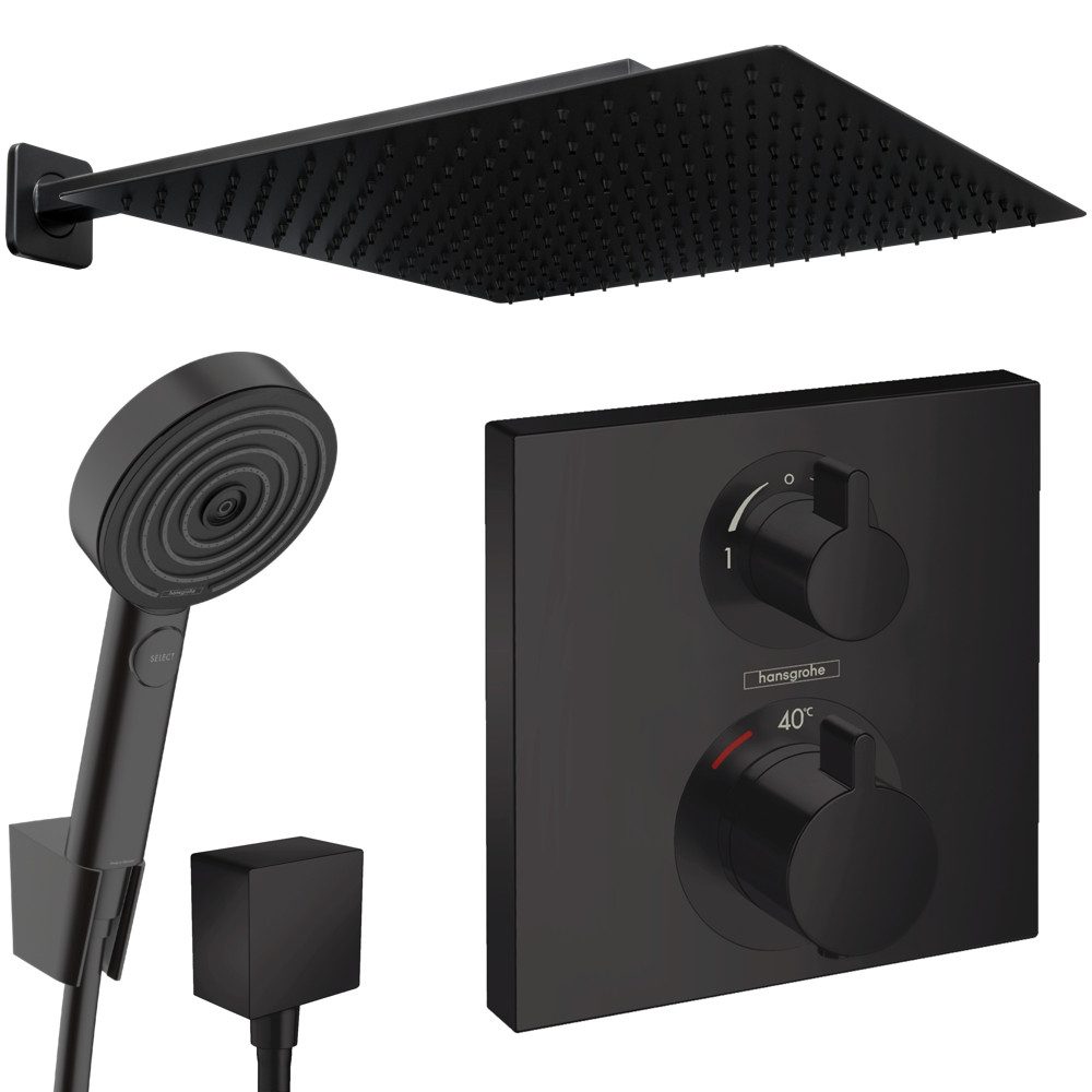 Hansgrohe und Jowi Duscharmatur Ecostat Square + Pulsify Unterputz Duscharmatur, Thermostat, Schwarz (Unterputz-Duschsystem) Mattschwarz, Thermostat