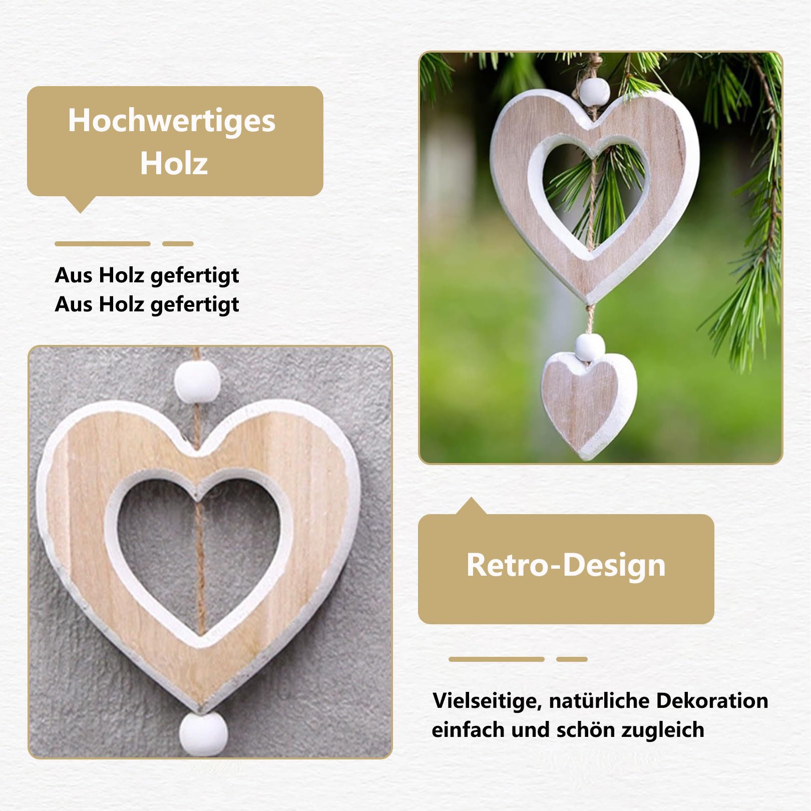 FOUORTUNATE-BEE Dekohänger 2 Stück Holz Herz Dekohänger Fensterdeko Hängend (Holzherzen Hängedeko Fenster Deko Hängen, 2 St., für Hochzeit Wohnzimmer Dekohänger – Bild 4 von 5