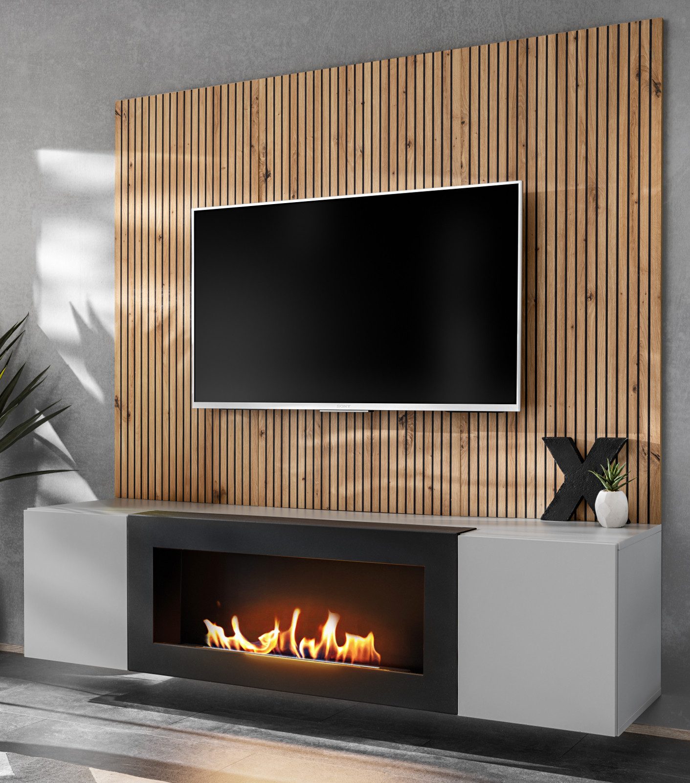 Inn.Furn Lowboard iLike (Flat-TV Mediawand Set mit Akustikapaneel, integrierter Kamin, 3 St., Hellgrau und Eiche Artisan, Breite 200 cm), mit Push-To-Open