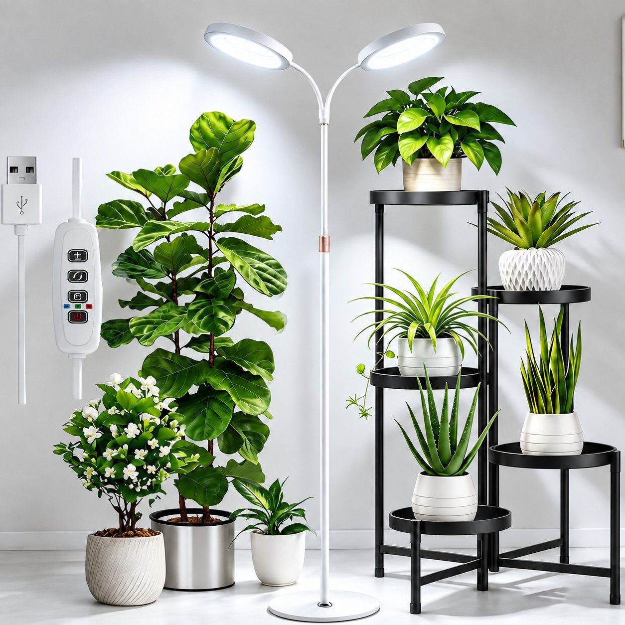 ibettertec Pflanzenlampe LED Vollspektrum 170 cm 10 Helligkeiten und Timer Höhenverstellbar, Doppelter Zweck, 3 Licht-Modi, LED fest integriert, 3/9/12-Stunden-Timer, weißes Licht, warmweißes Licht, rotes Licht, blaues Licht, Grow Lampe mit Sockel und Erdspieß