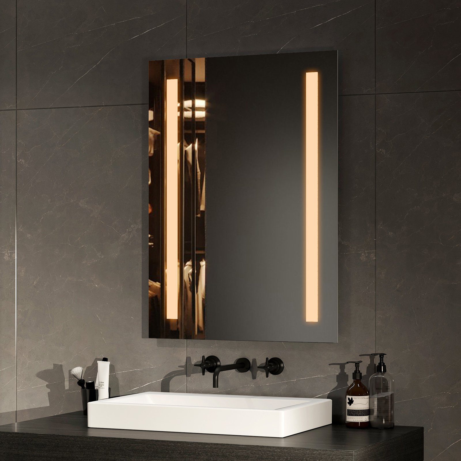 Badspiegel Lichtfarbe mit Beschlagfrei, mit Lichtspiegel, Beleuchtung 2 Warmweiß/Kaltweiß LED Taste Badspiegel und Wandspiegel EMKE