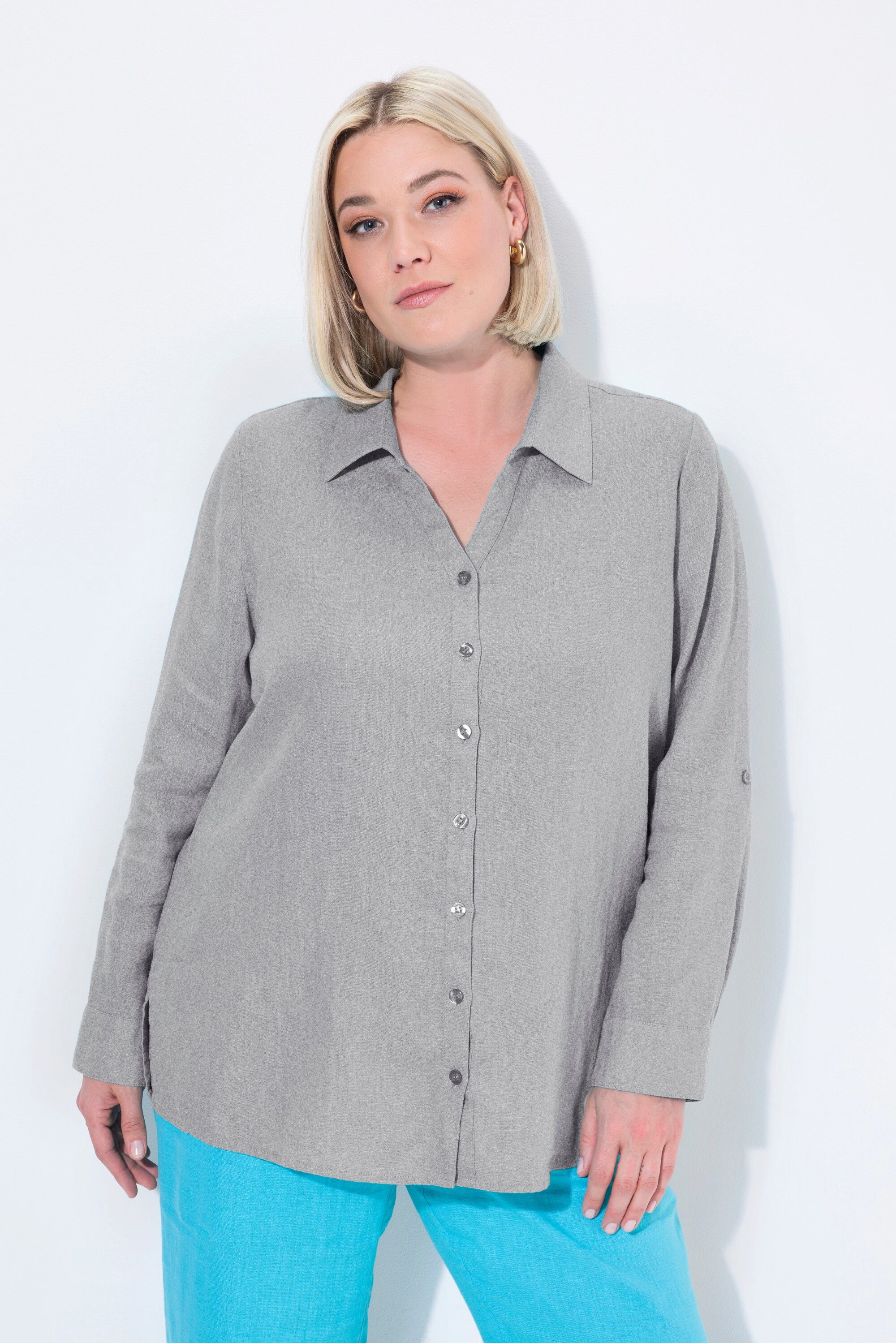 Hemdbluse Bluse Leinen offener Kragen Langarm