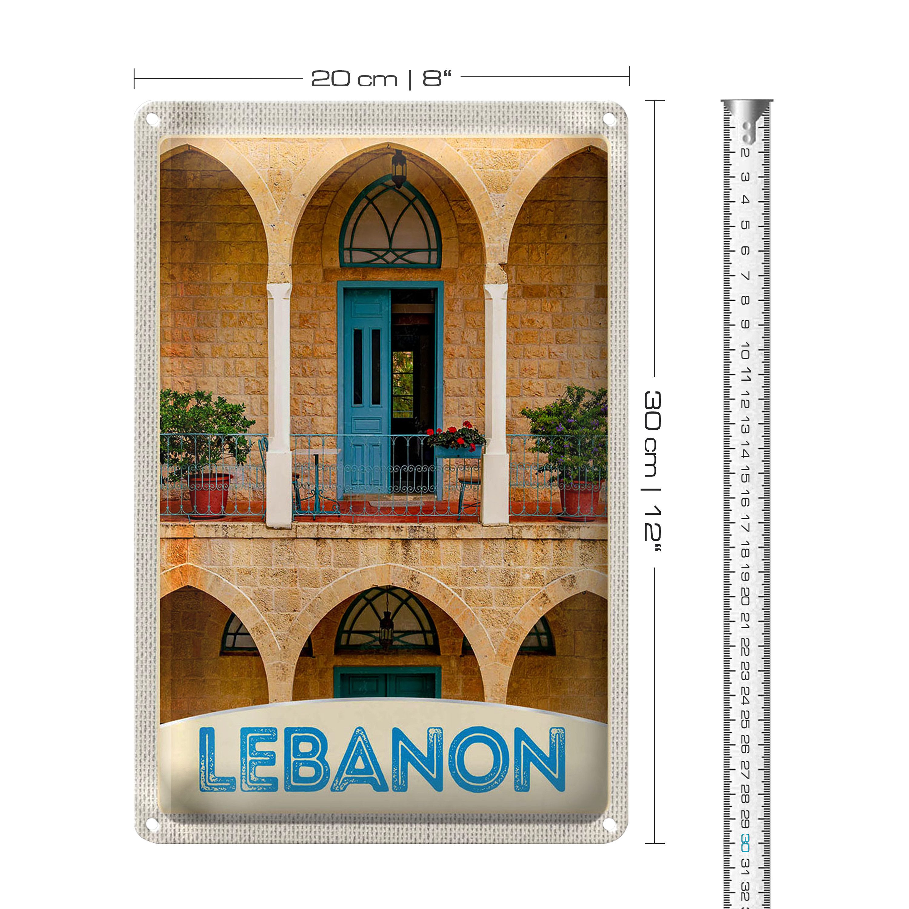 Roomando Metallschild Blechschild Reise 20x30cm Libanon Gebäude blaue Tür Urlaub