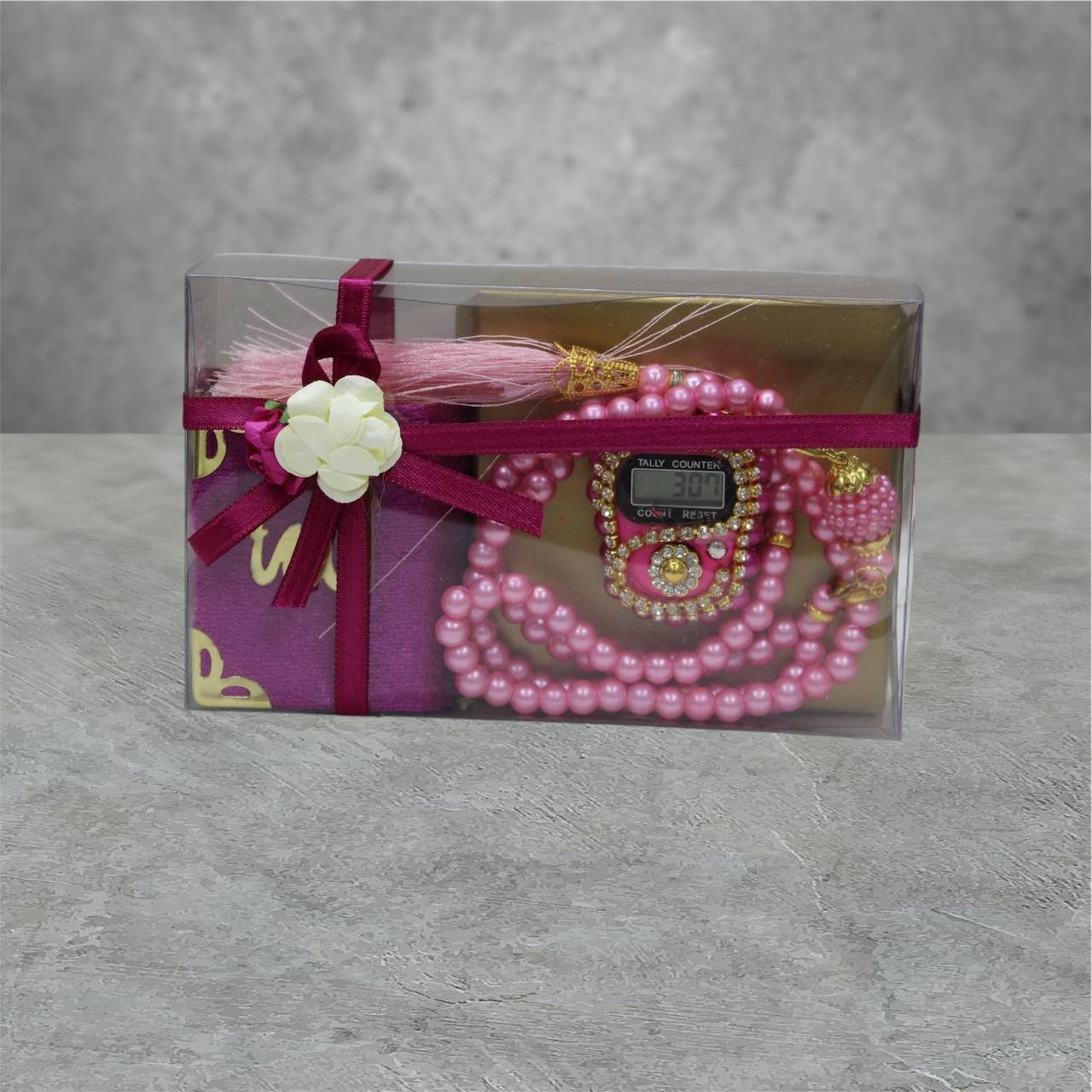 Aymasal Perlenketten-Set Islamische Geschenke 3tlg. 99 Perlenkette & Fingerzähler & Mini Koran, Dhikr Zähler mit Strasssteinen, schöne Geschenkverpackung