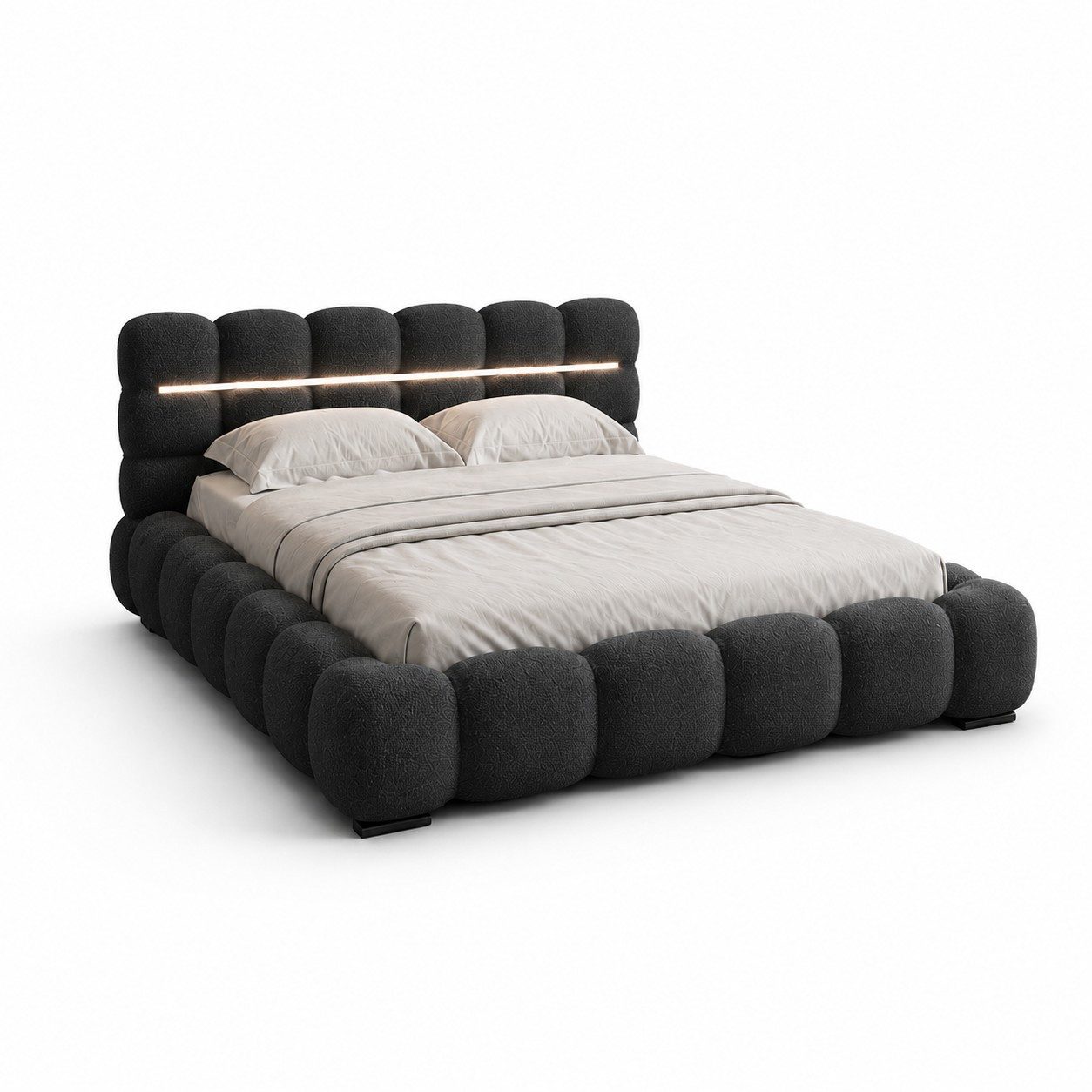 VIVENTE Möbel Polsterbett Lucia Boucle Wolkenbett mit Bettkasten und LED Beleuchtung