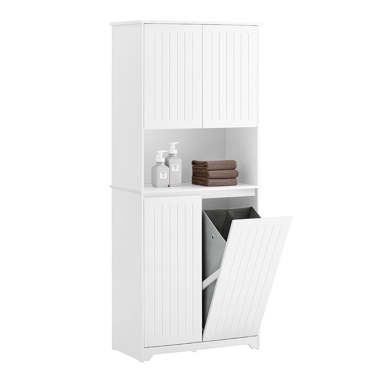 SoBuy Hochschrank BZR150, Badezimmerschrank mit Wäschekorb für Badezimmer, Wäscheschrank Badschrank mit 4 Türen und 2 Wäschekörben, offenes Fach, Soft-Close